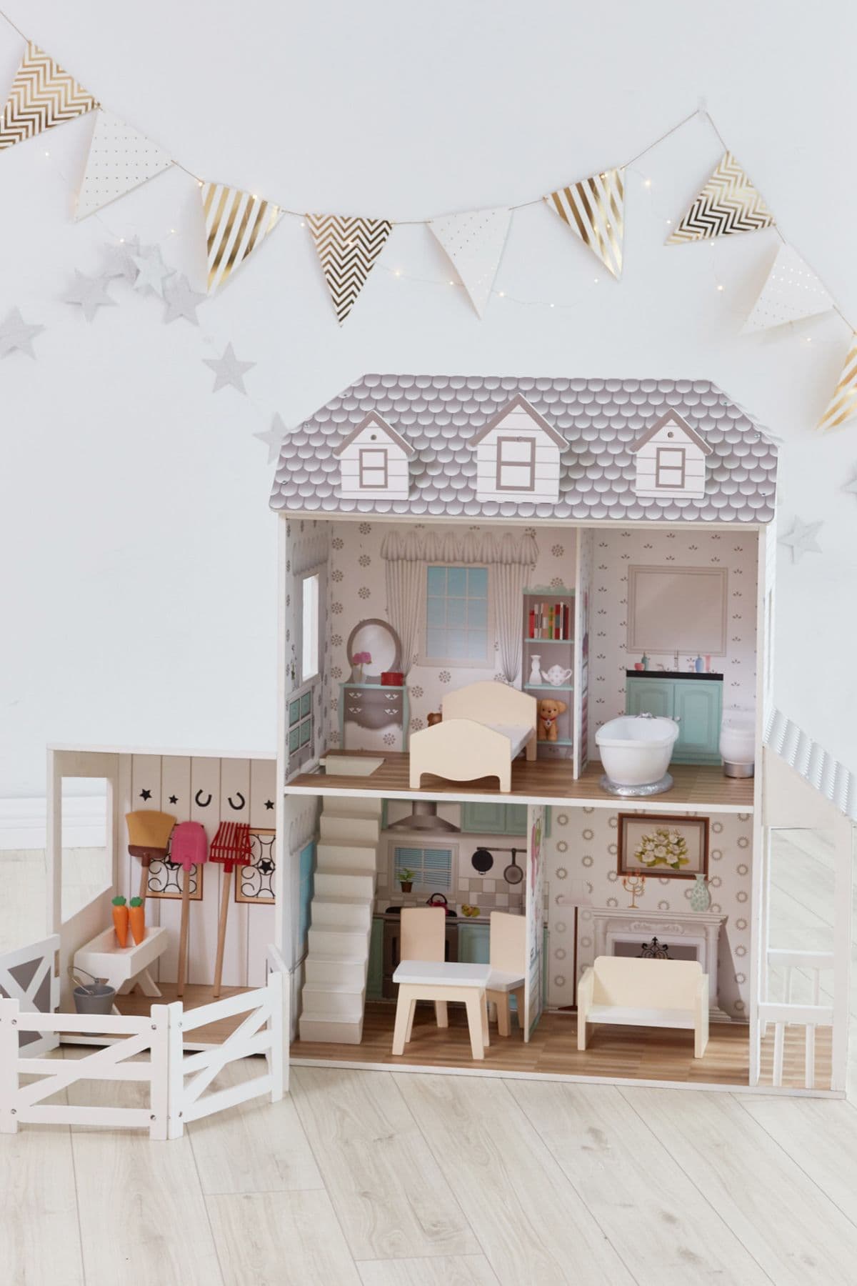 2 Story Farmhouse Wooden Dollhouse 12pc Accessory Set 12" Dolls