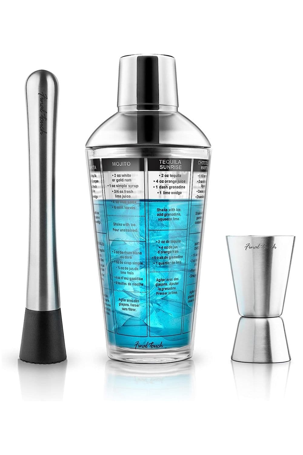 3 Piece Bar Tools Set - Recipe Cocktail Shaker, Muddler & Jigger