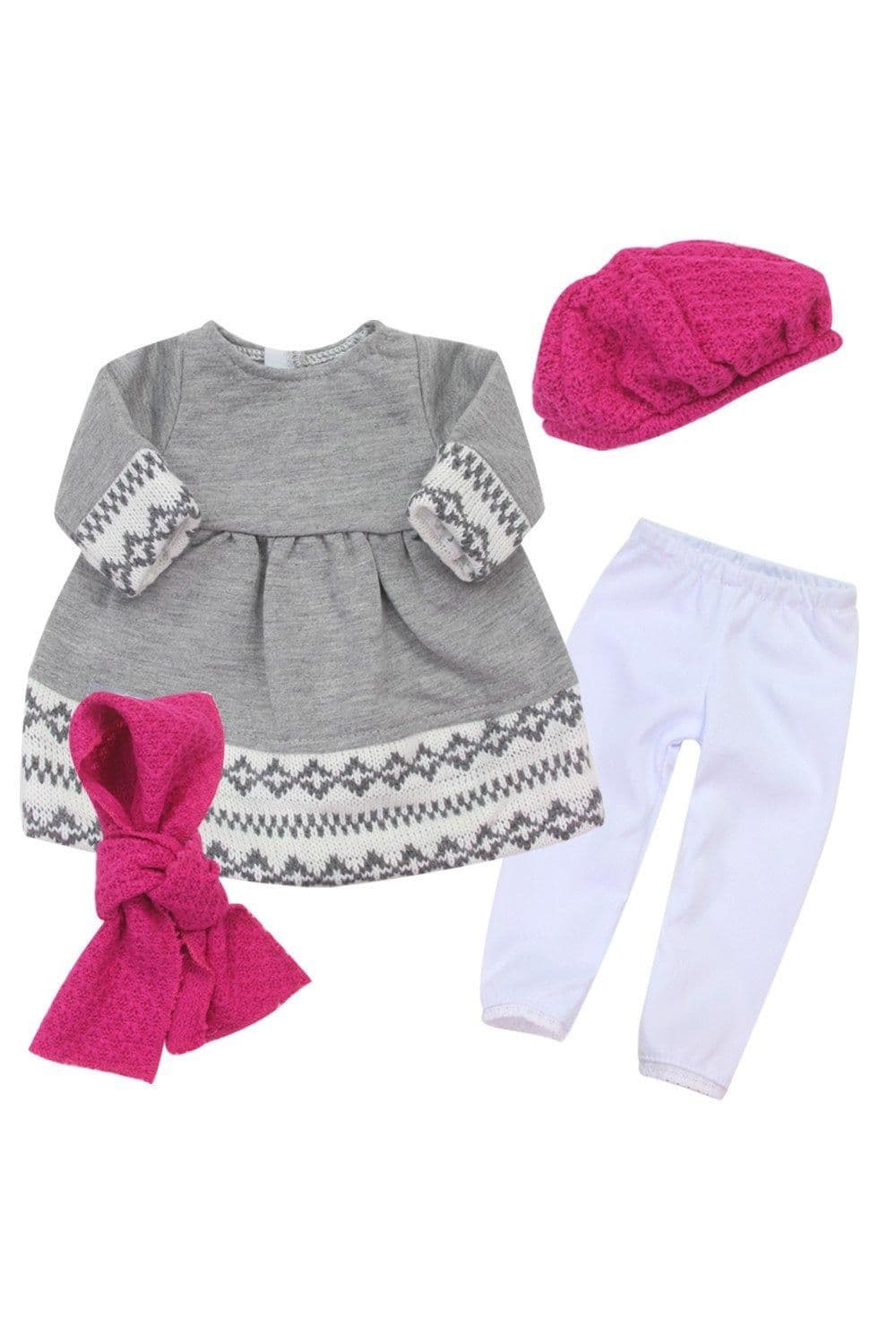 Sophias Fair Isle Knit Trimmed Dress Leggings Beret Scarf 18" Dolls Gray White Hot