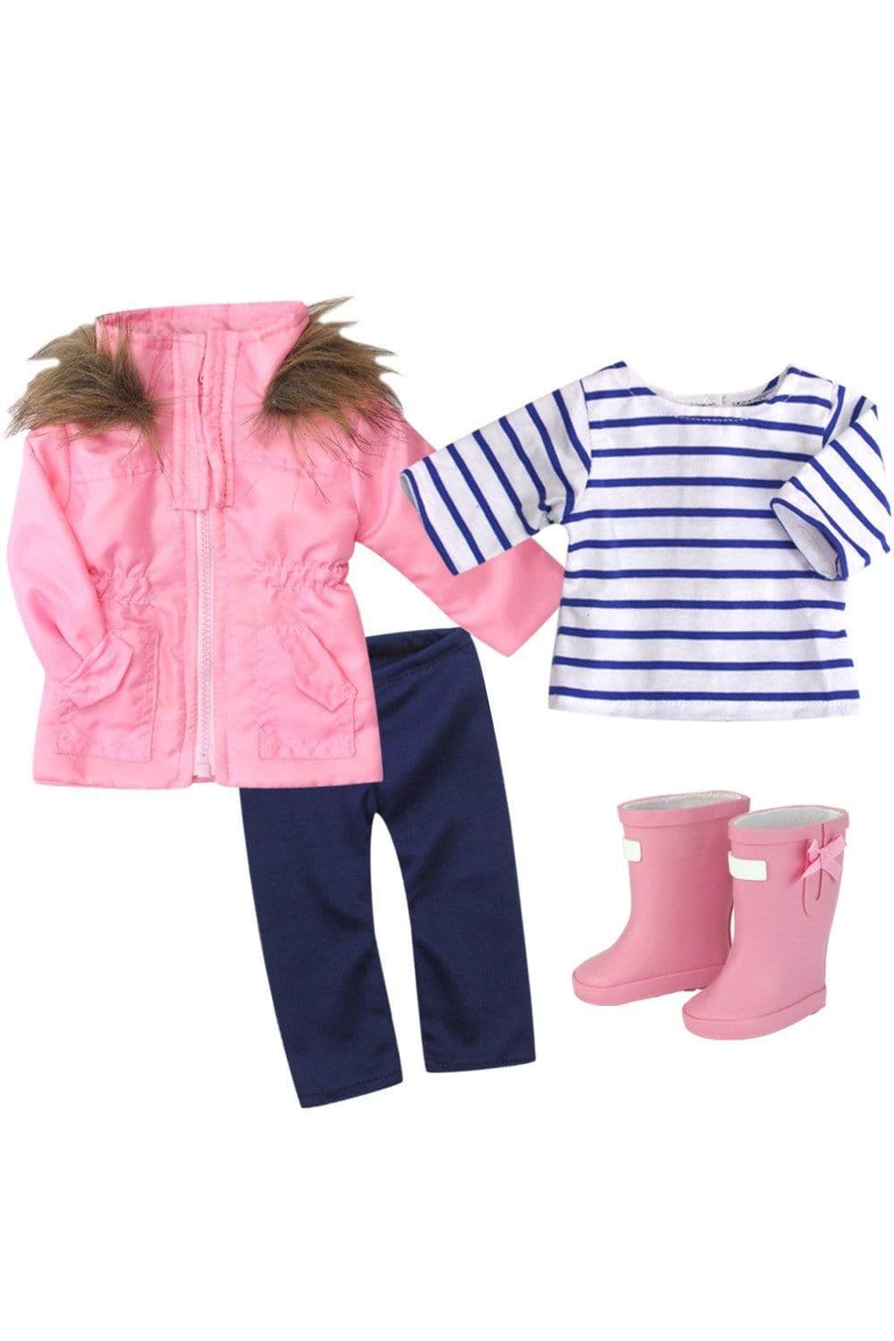 Sophias Faux Fur Trimmed Parka Leggings T Shirt Rain Boots 18" Dolls Navy Pink White