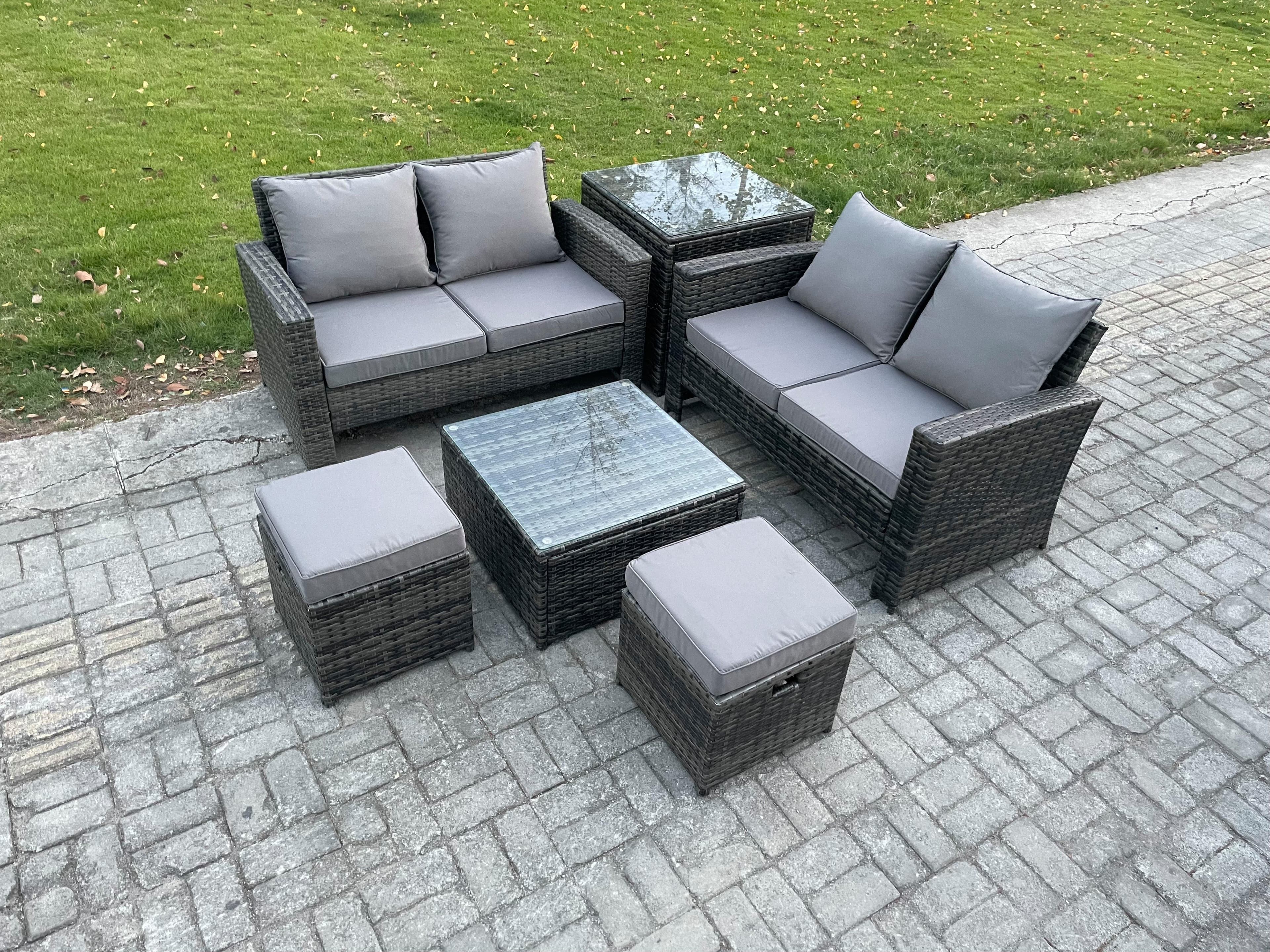 Rattan Garden Furniture Set 6 piece Patio Rattan Furniture Sofa Weaving Wicker includes 2 Double Seat Sofa Coffee Table 2 Small Footstools