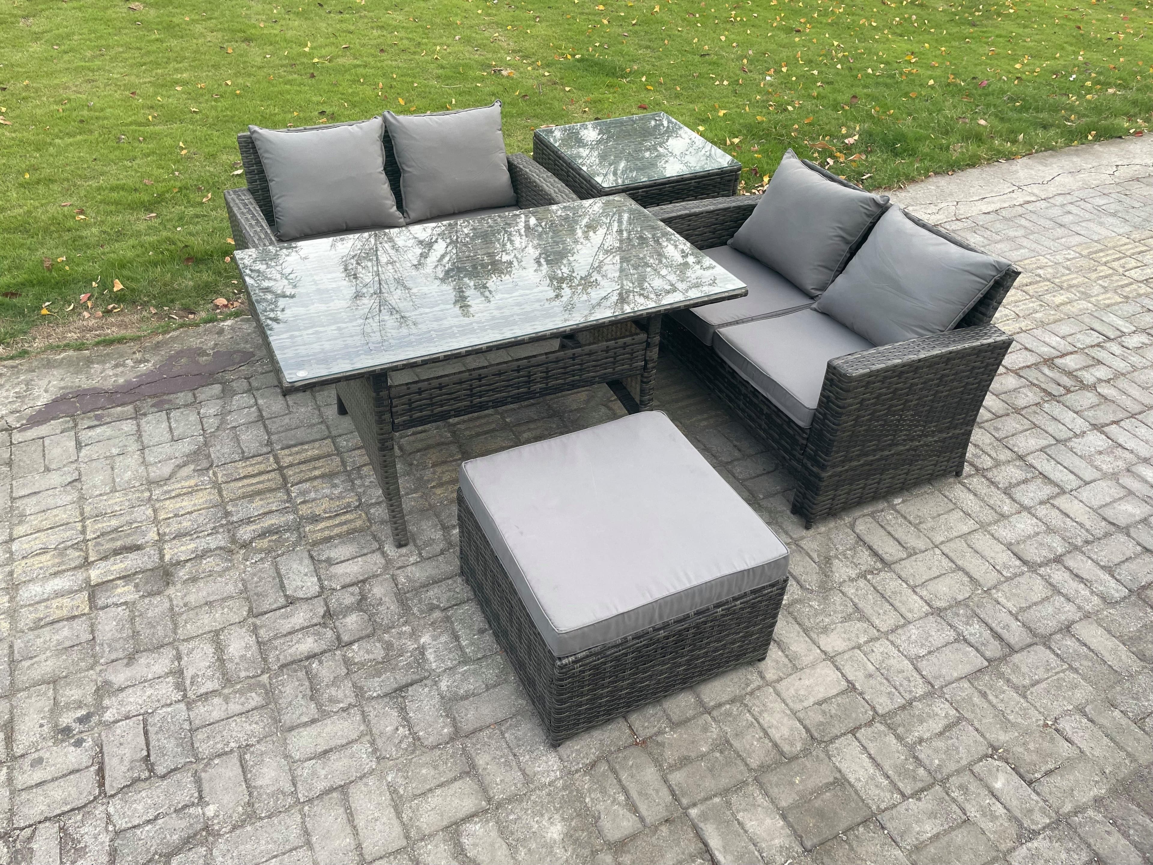 PE Wicker Rattan Garden Furniture Set Love Sofa Outdoor Rectangular Dining Table Big Footstool Side Table Dark Grey Mixed