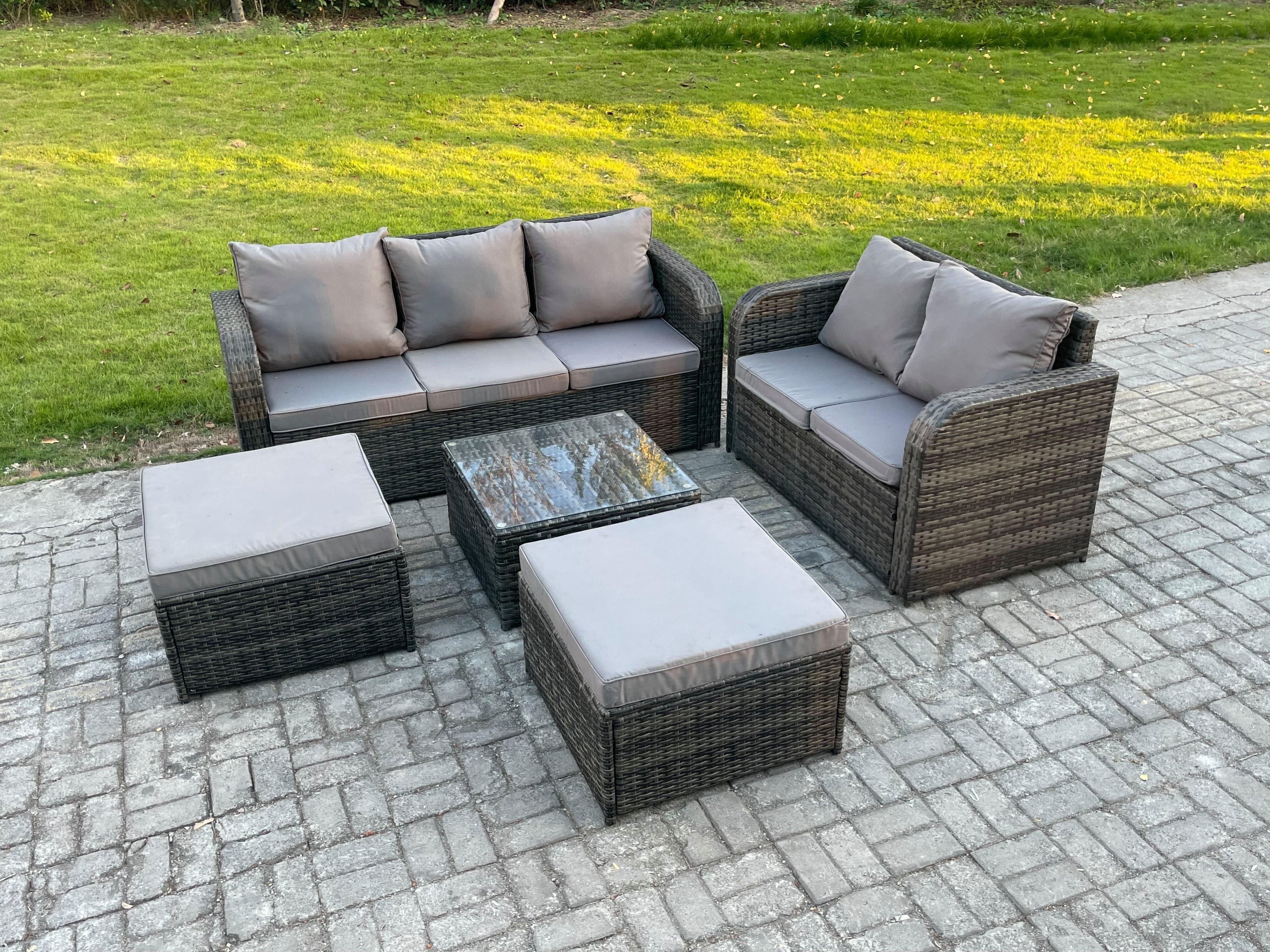 PE Rattan Garden Furniture Sets 7 Seater Outdoor Lounge Sofa Set Square Coffee Table 2 Big Footstool