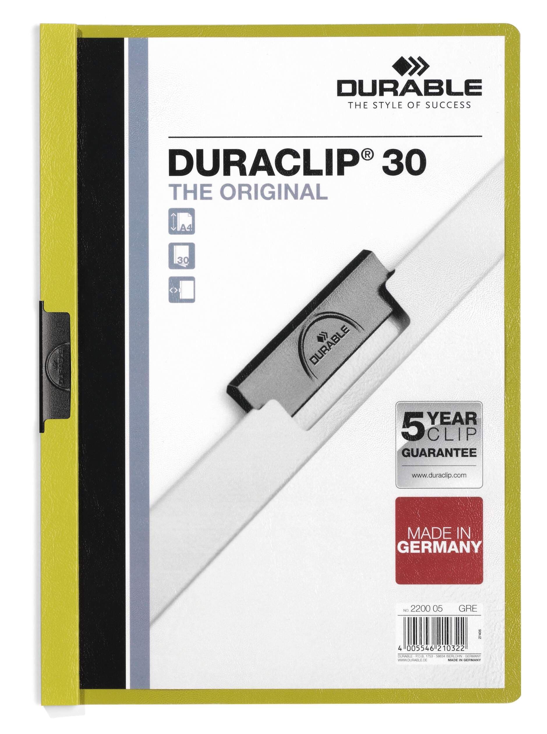 DURACLIP 30 Sheet Document Metal Clip File Folder - 25 Pack - A4 Green