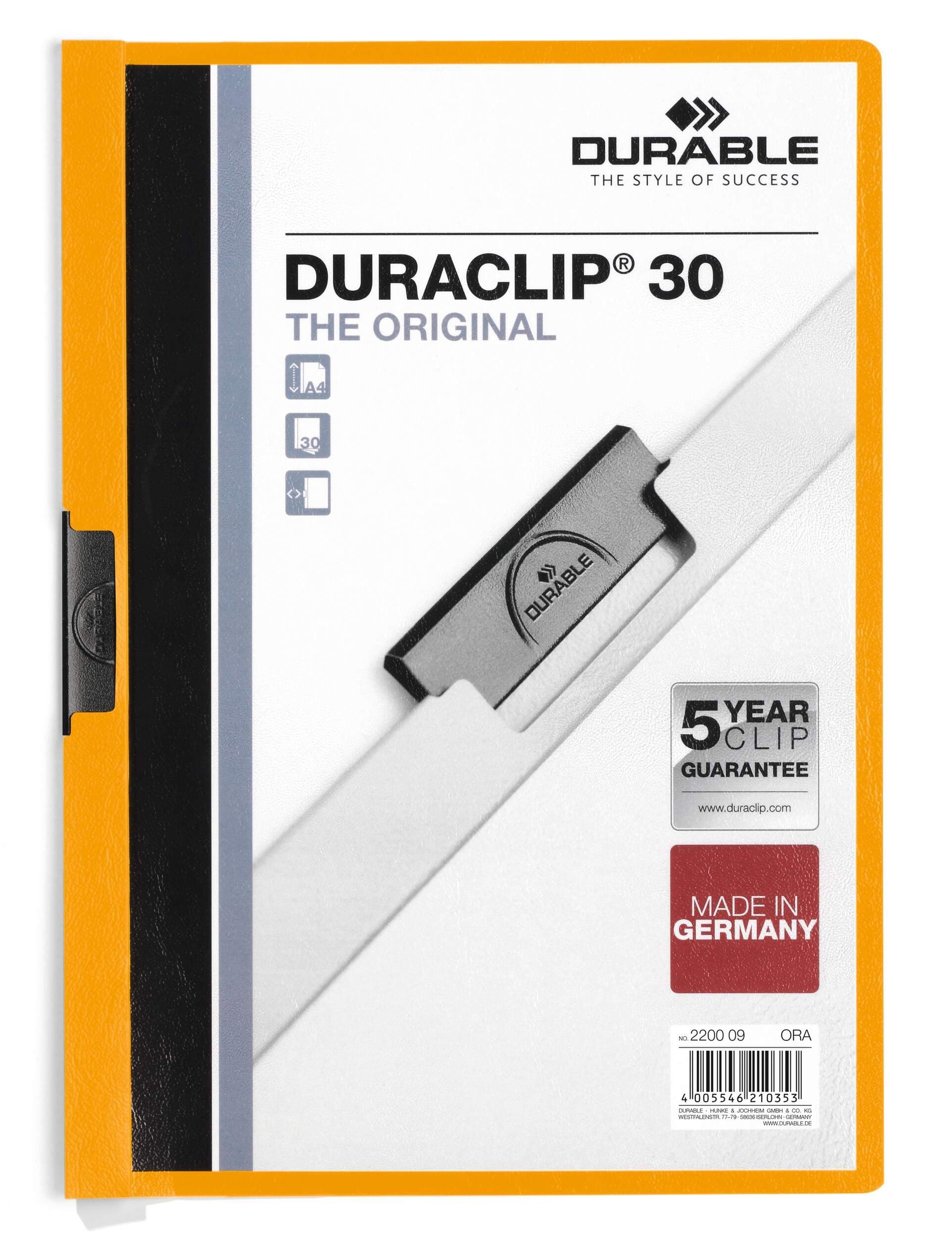 DURACLIP 30 Sheet Document Clip File Folder - 25 Pack - A4 Orange