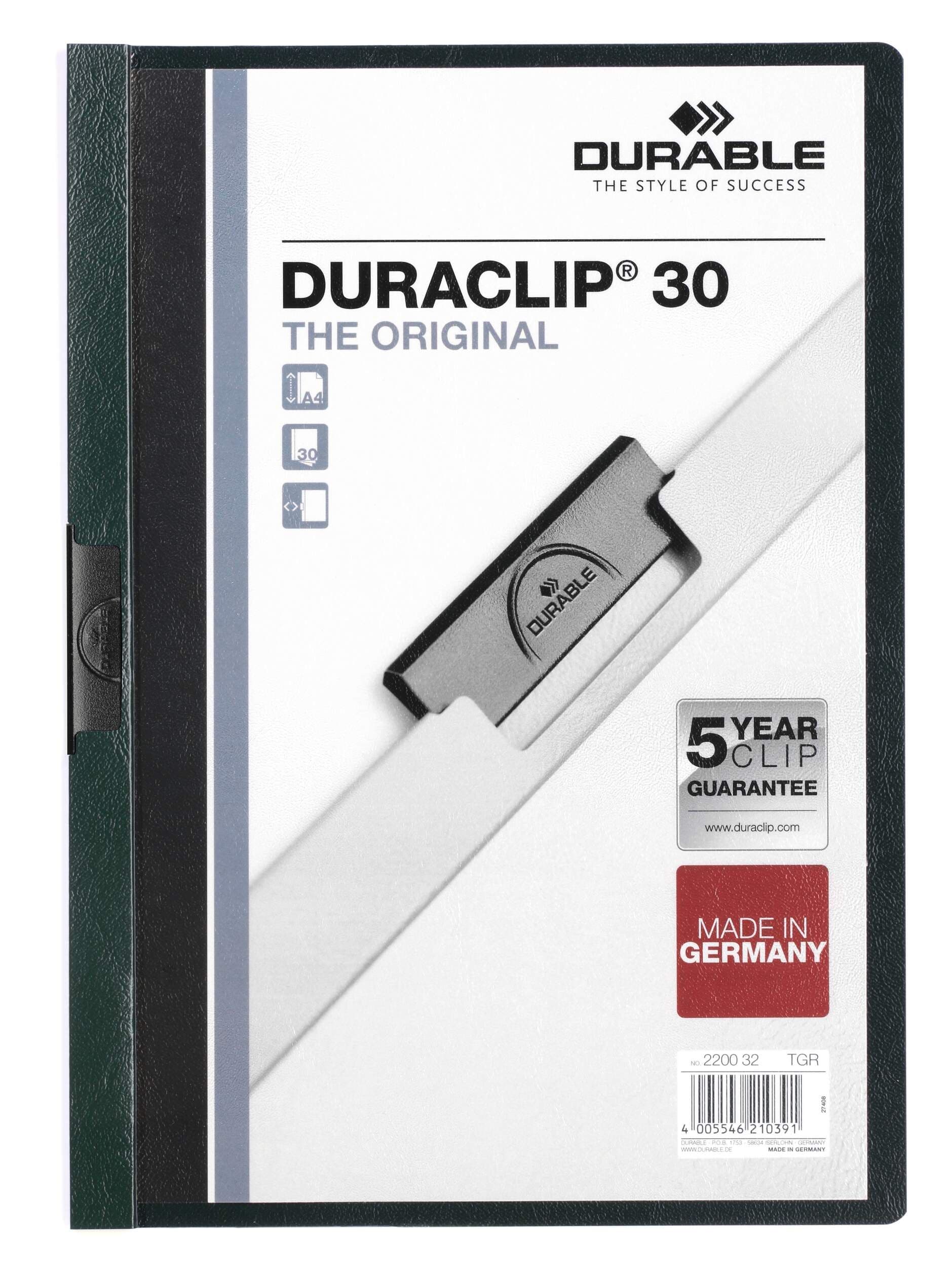 DURACLIP 30 Sheet Document Clip File Folder - 25 Pack - A4 Dark Green