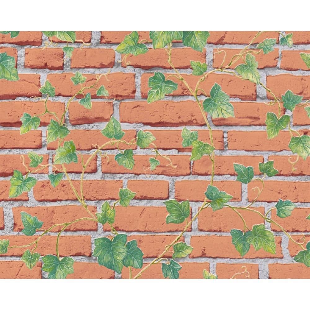 Ivy Leaf Pattern Faux Brick Effect Realistic Embossed Wallpaper