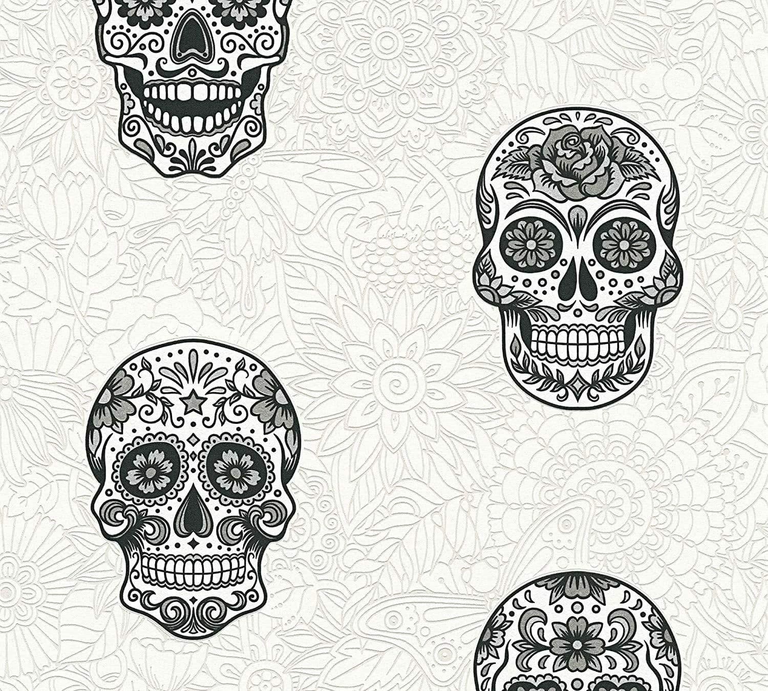 Gothic Skull Floral Flowers Tattoo Textured Embossed Vinyl Wallpaper