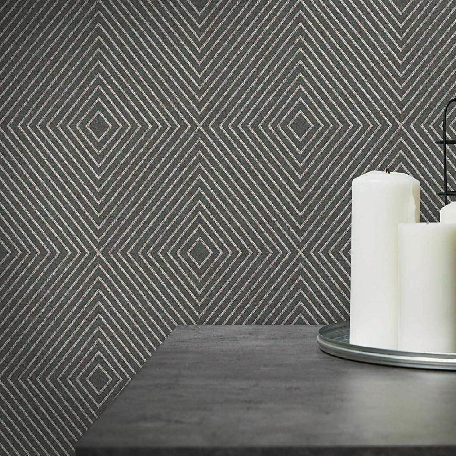 Geometric Diamond Tiles Metallic Geo Grey Wallpaper
