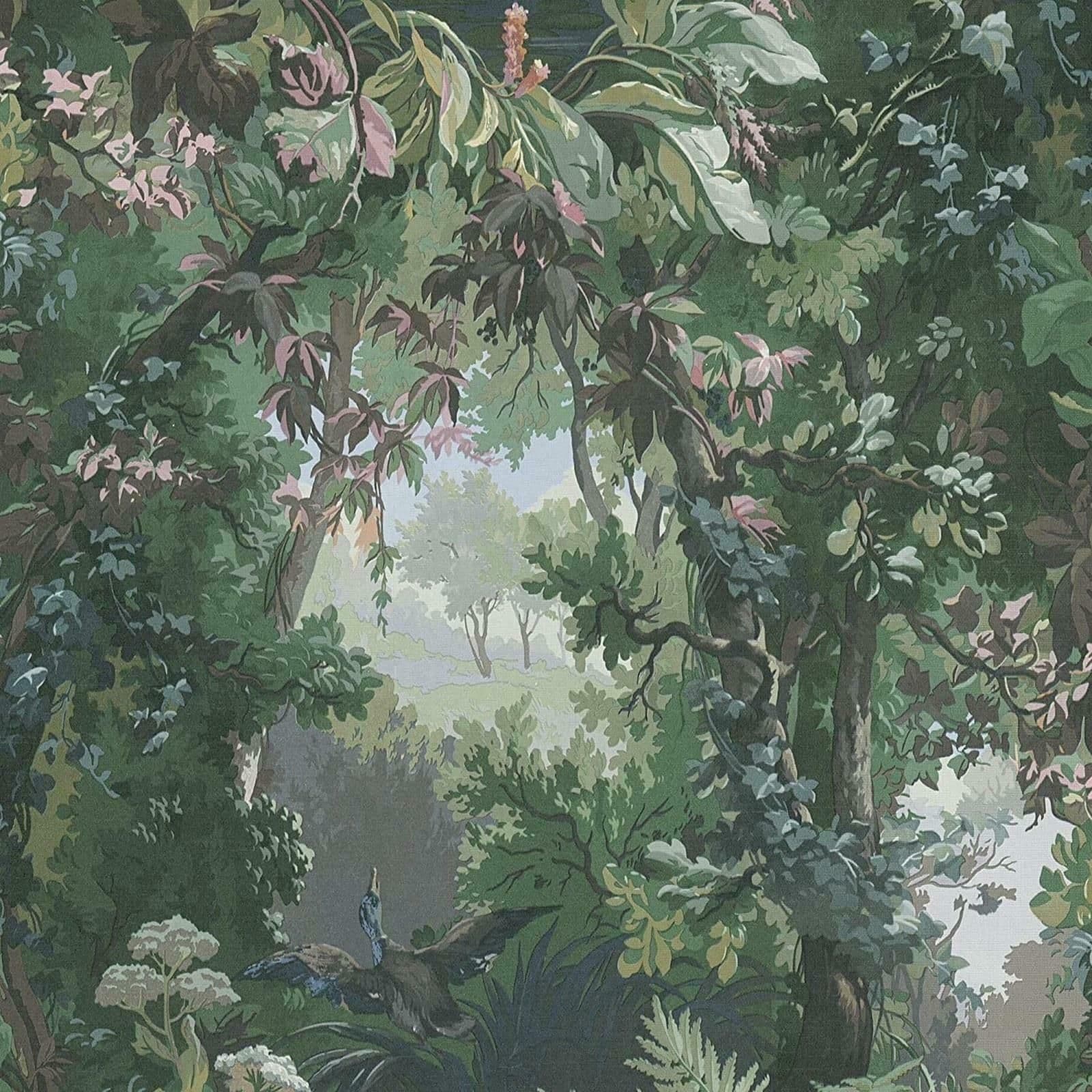 Tropical Jungle Forest Tree Birds Scenery Textured Vinyl Wallpaper