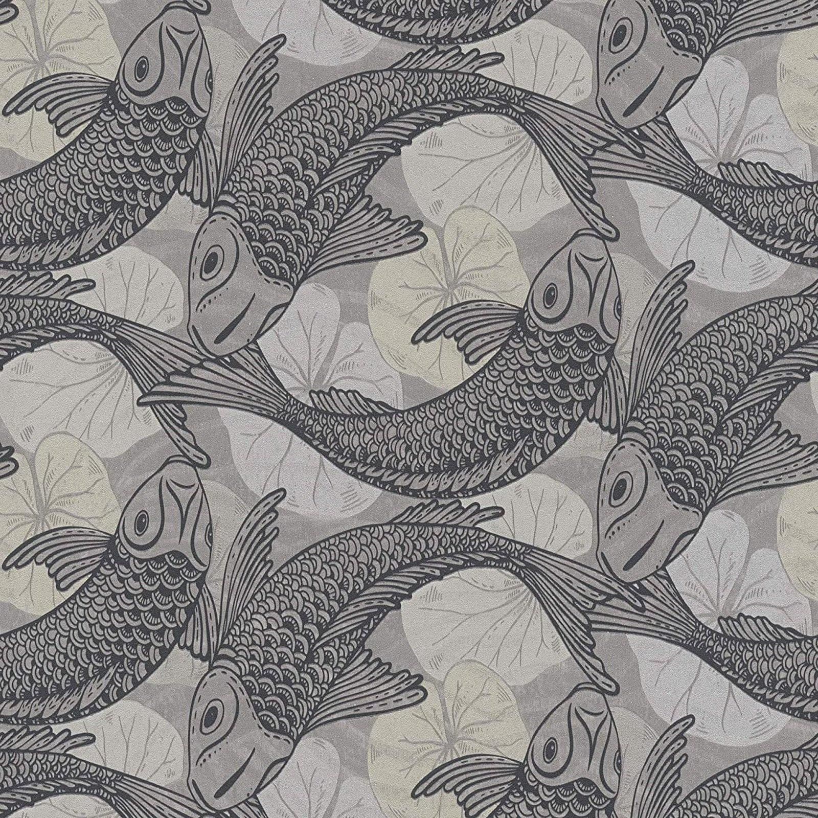 Aquarium Asian Koi Fish Floral Vinyl Textured Wallpaper