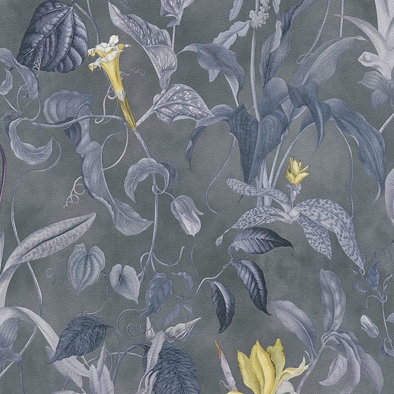 Tropical Jungle Floral Textured Grey Yellow Wallpaper