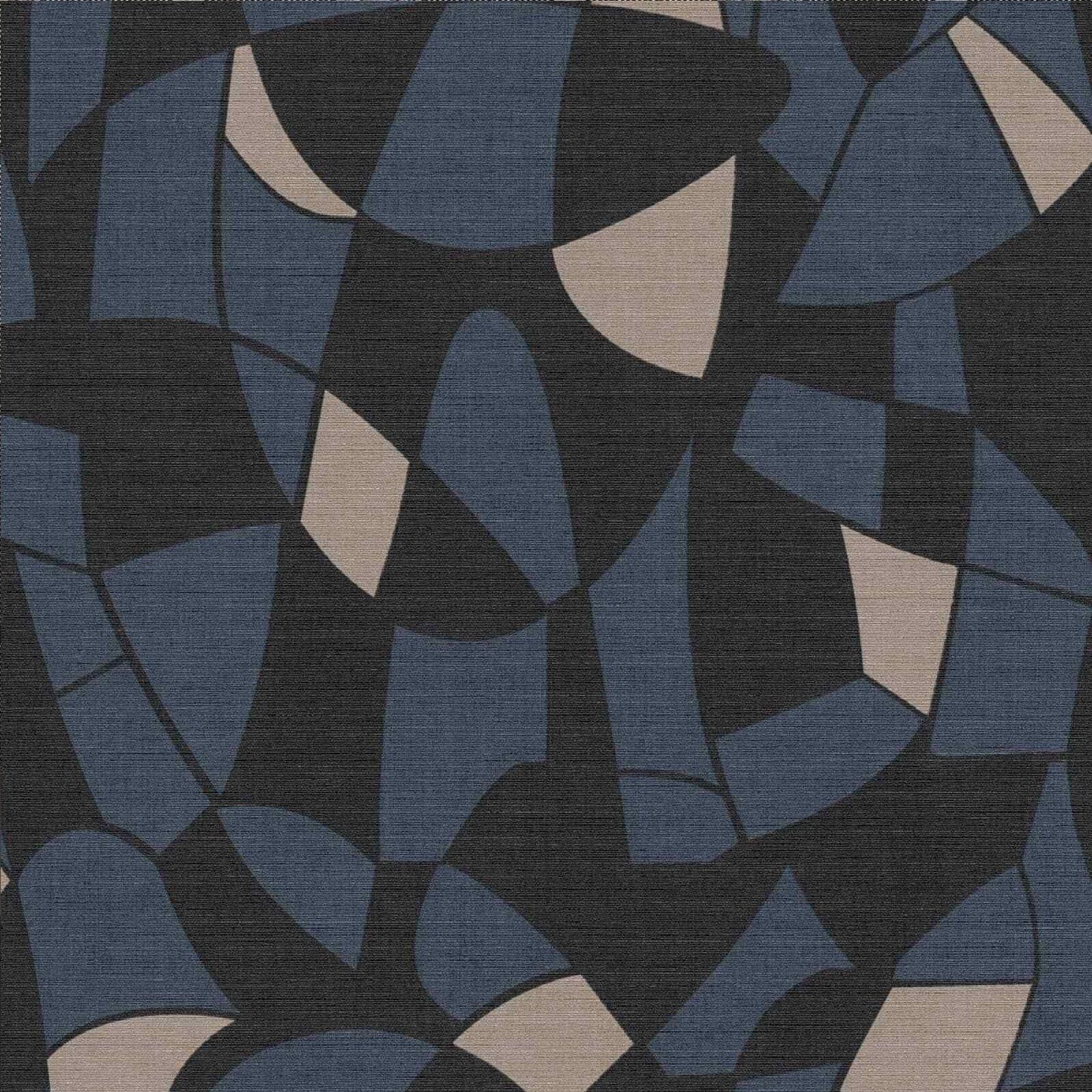 Graphic Mosaic Abstract Metallic Blue Beige Wallpaper