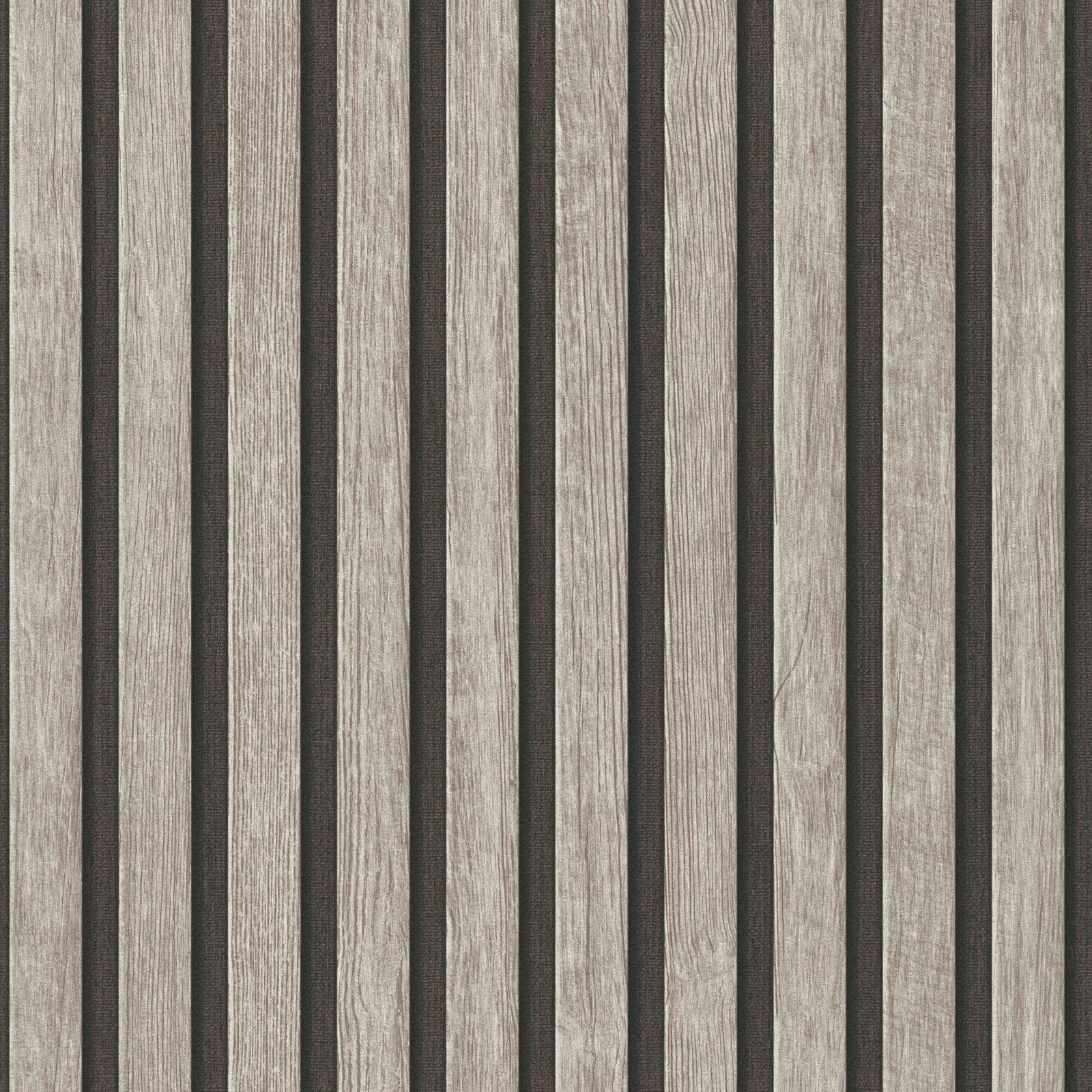 Wooden Slats Panelling 3D Wood Panel Stripe Light Grey Black Wallpaper