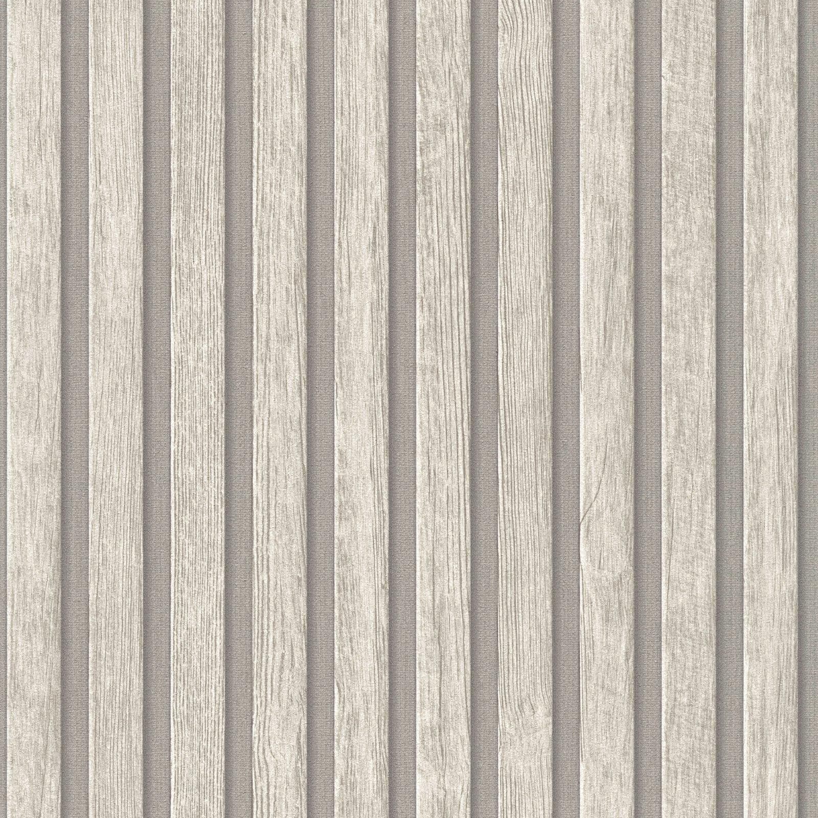 Wooden Slats Panelling 3D Wood Panel Stripe Off White Silver Grey Wallpaper