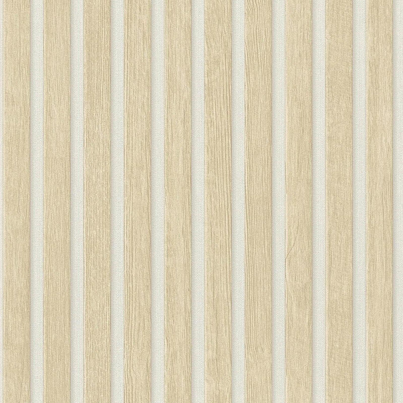 Wooden Slats Panelling 3D Wood Panel Stripe Beige Wallpaper