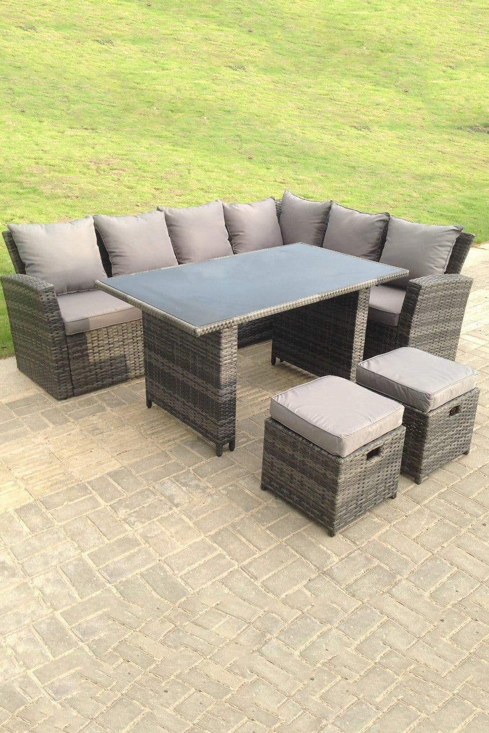 High Back Rattan Corner Sofa Dining Table Stools 8 Seater right corner