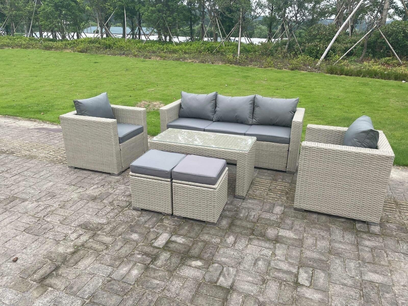 Wicker Rattan Garden Furniture Sofa Sets Outdoor Patio Coffee Table Stools Light Grey