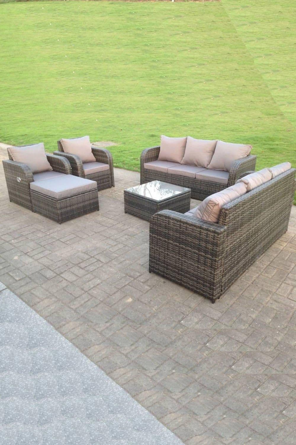 Wicker Garden Furniture Set Lounge Sofa Reclining Chair Outdoor Big Footstools 9 Seater