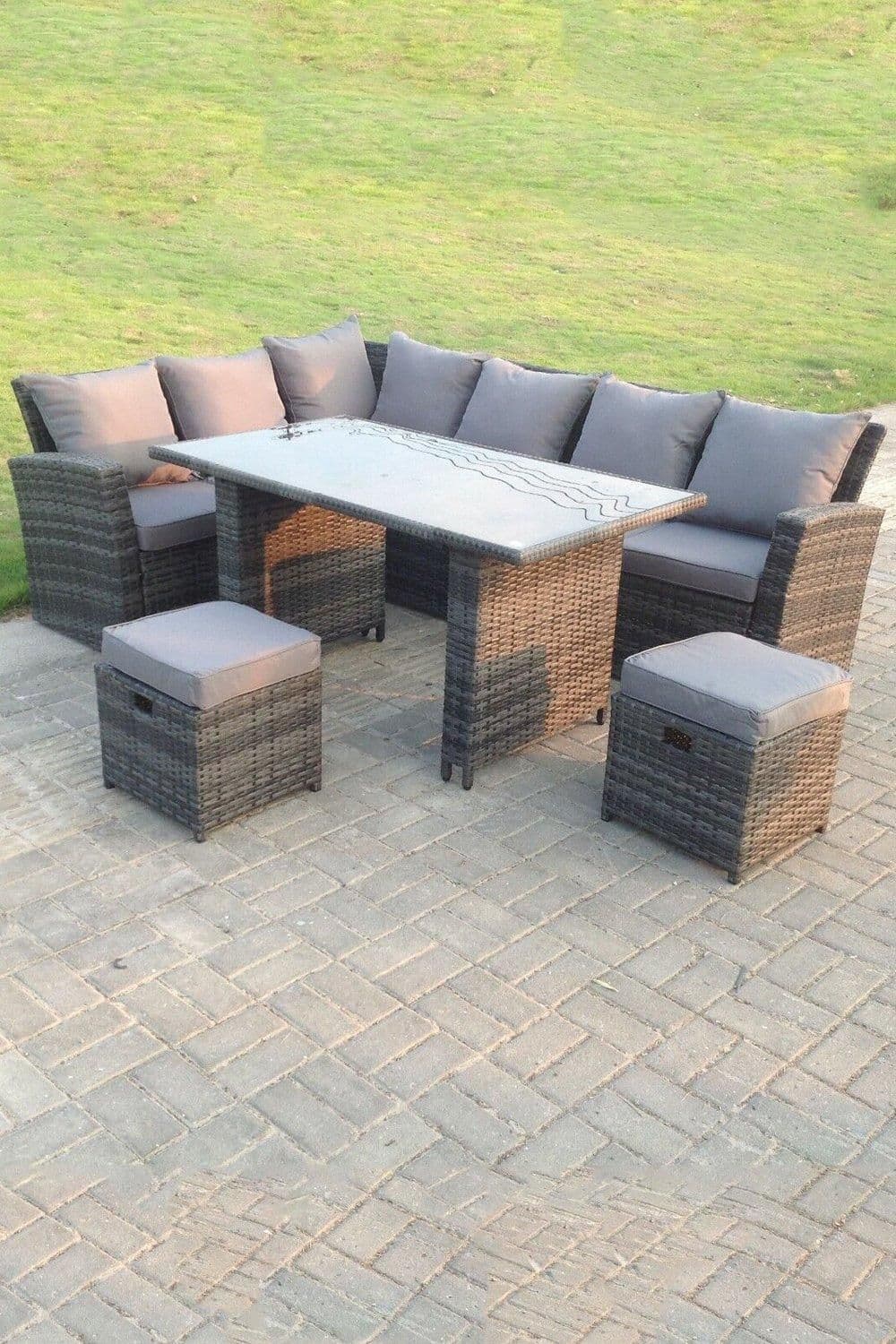 High Back Rattan Corner Sofa Dining Set Table Stools 8 Seater