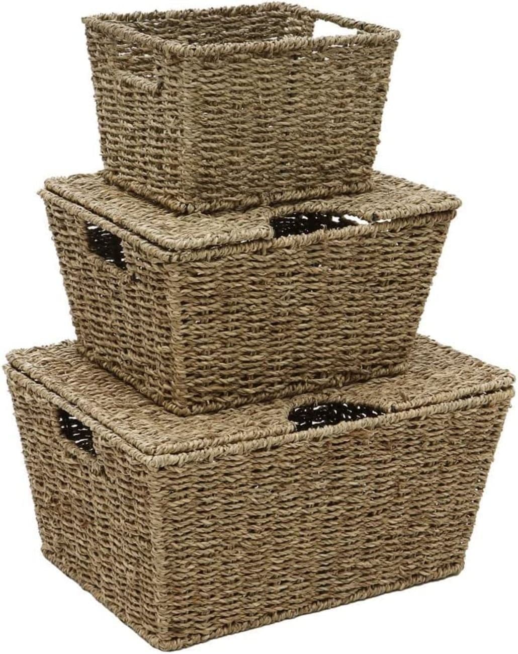 Set 3 Rectangular Lidded Storage Baskets Seagrass Storage Organizer
