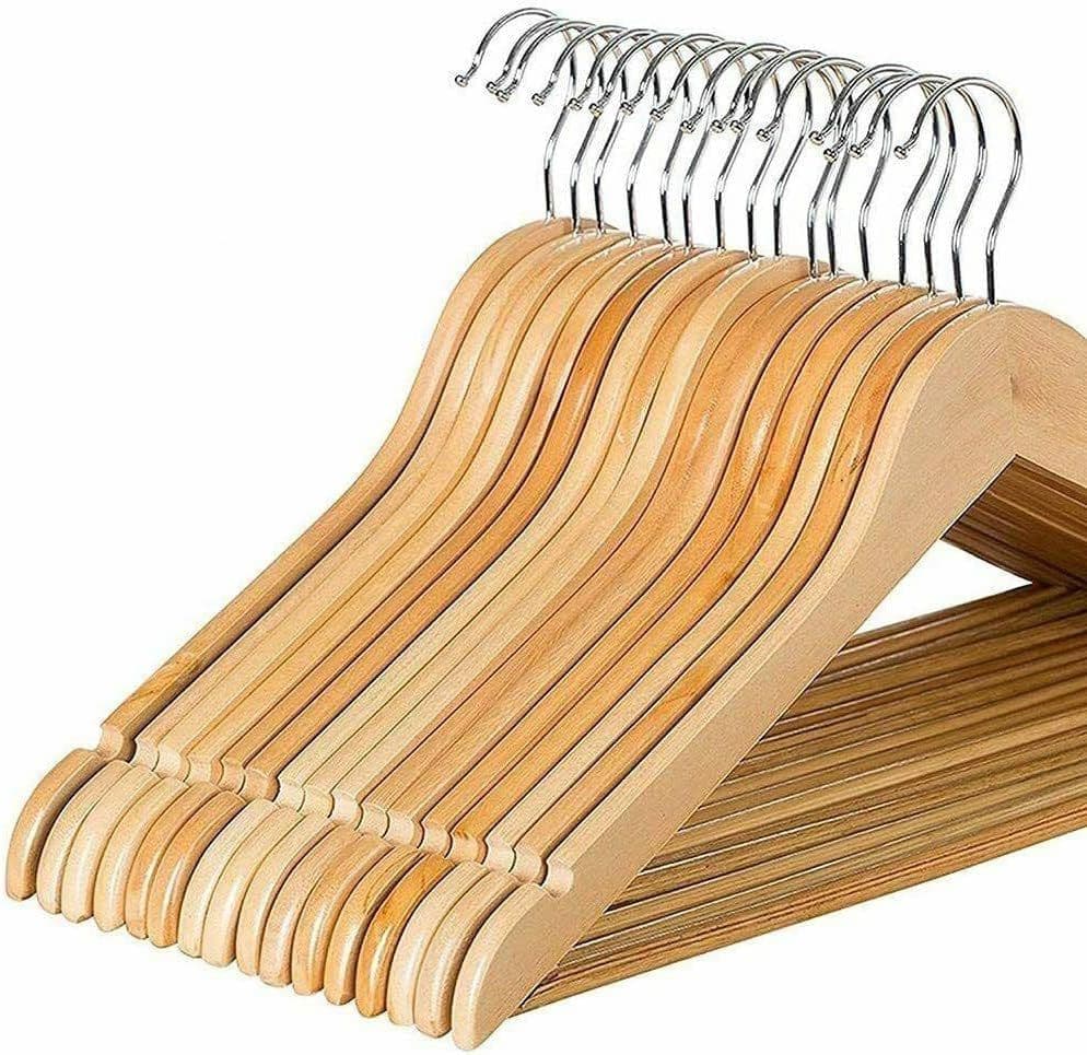 50 Wooden Hangers Suit Trouser Garments Clothes Coat Hanger Non Slip Trouser Bar