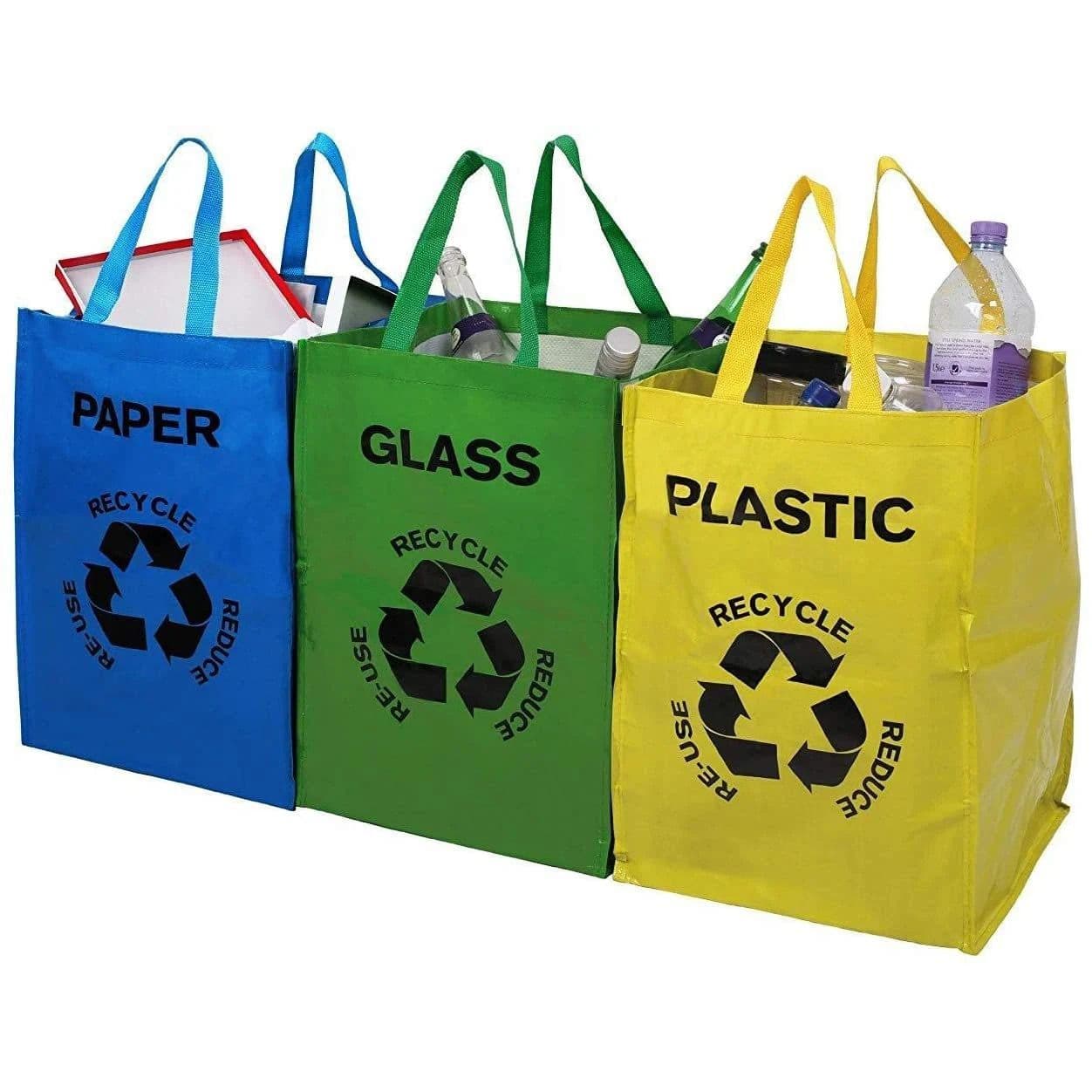 Recycling Bags PACK 3 Heavy Duty Coded Reusable Paper Plastic Glass Waste Bin Sack
