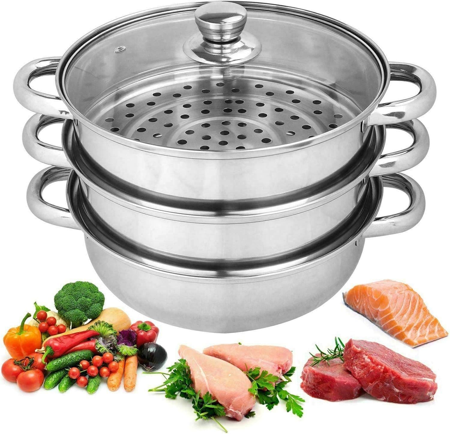 25cm 3 Tier Stainless Steel Steamer Pot Vegetable Seafood Meat Food Steamer Cooker Cooking Pot