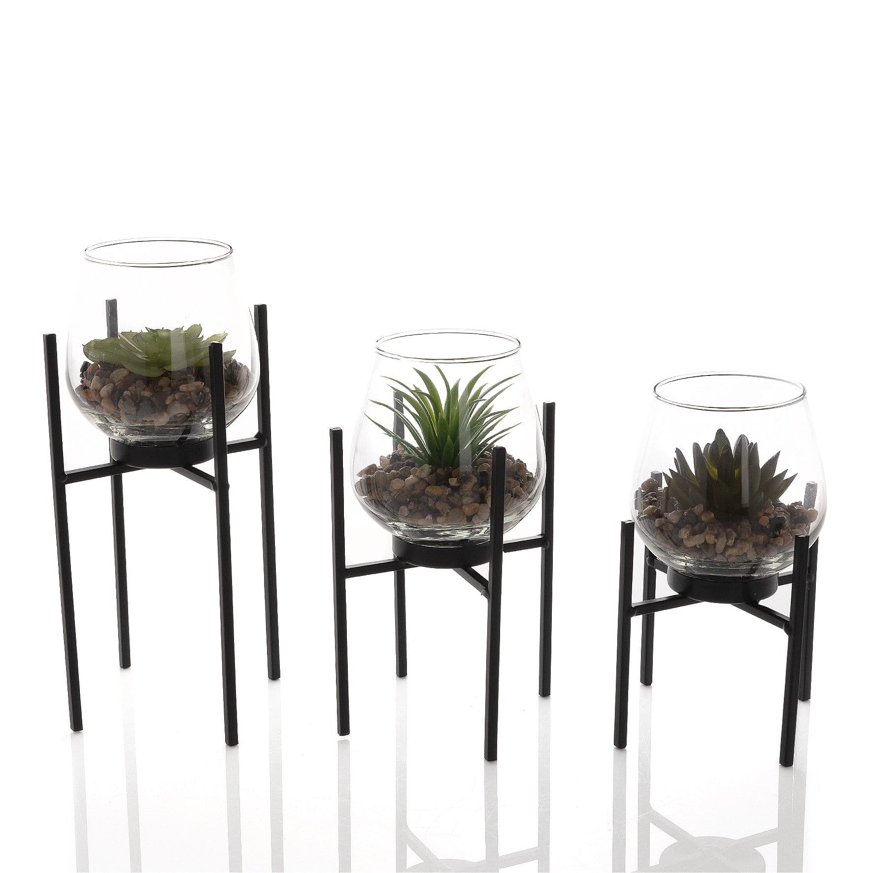 Set of 3 Glass Planters with Faux Succulent
