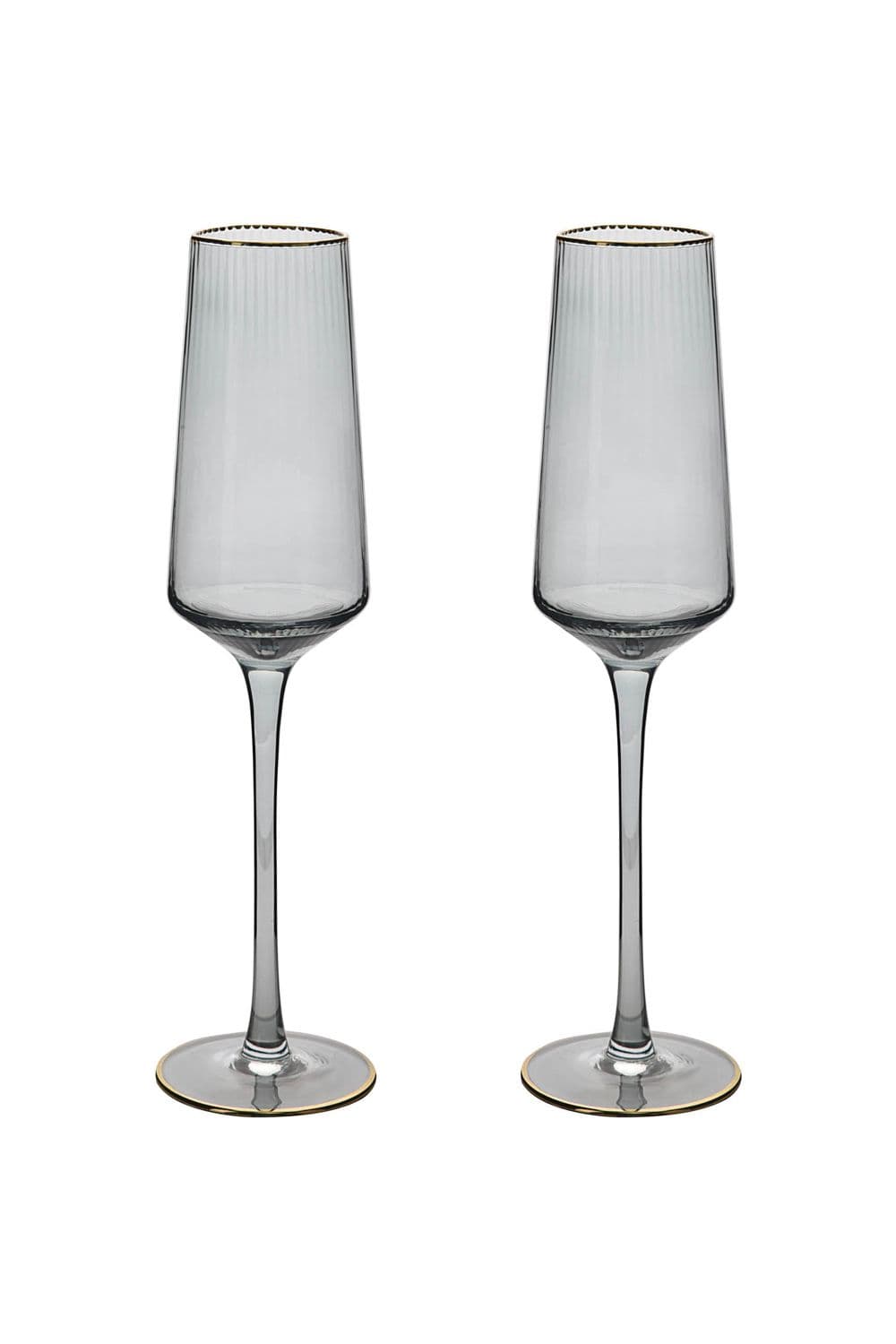 Set of 2 Grey Glass Champagne Flutes with Gold Rim