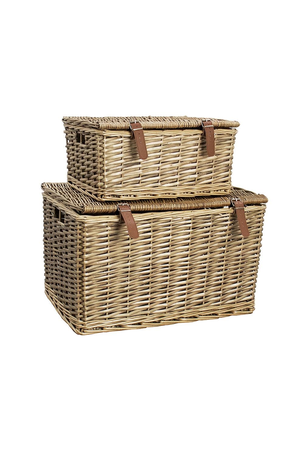 Handmade Buff Wicker Hampers Faux Leather Straps Set 2