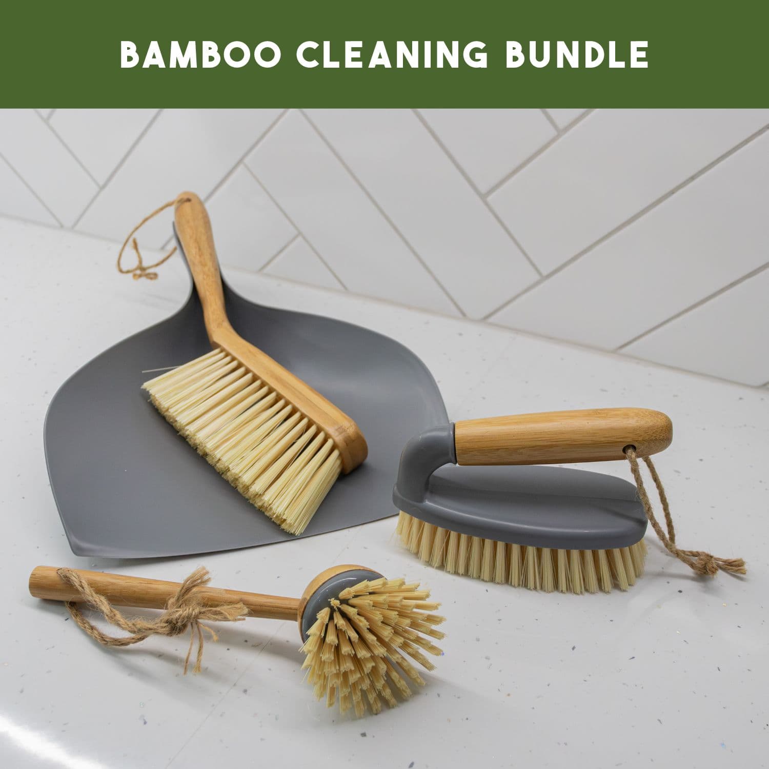 Bamboo Cleaning Essentials Dustpan Scrubbing Dish Brush Set 3