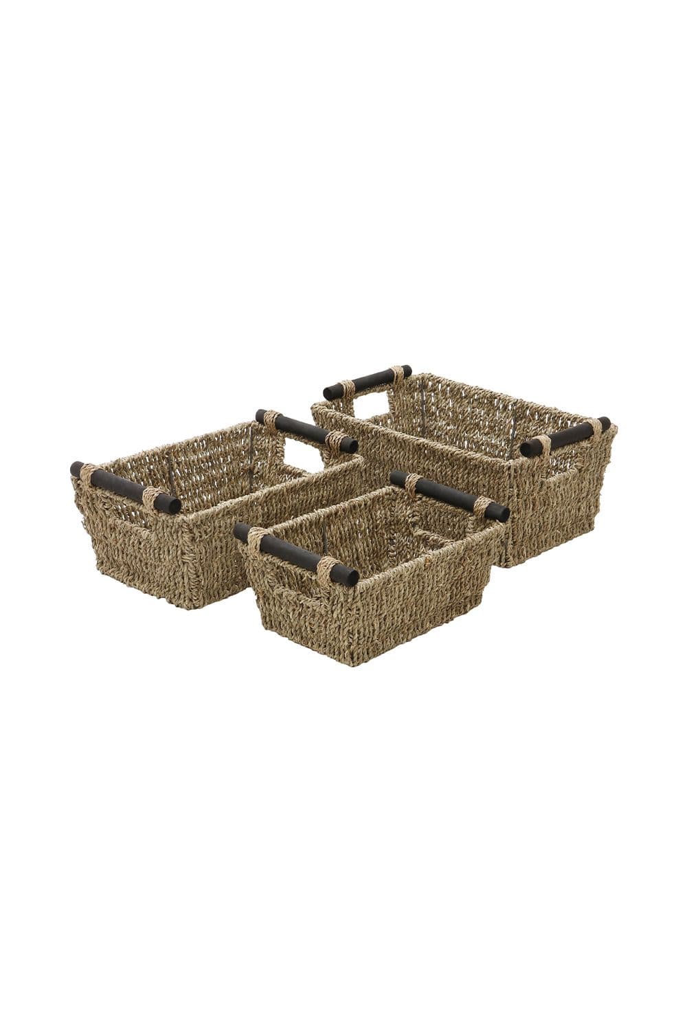 Seagrass Set 3 Tapered Storage Baskets Wooden Handles
