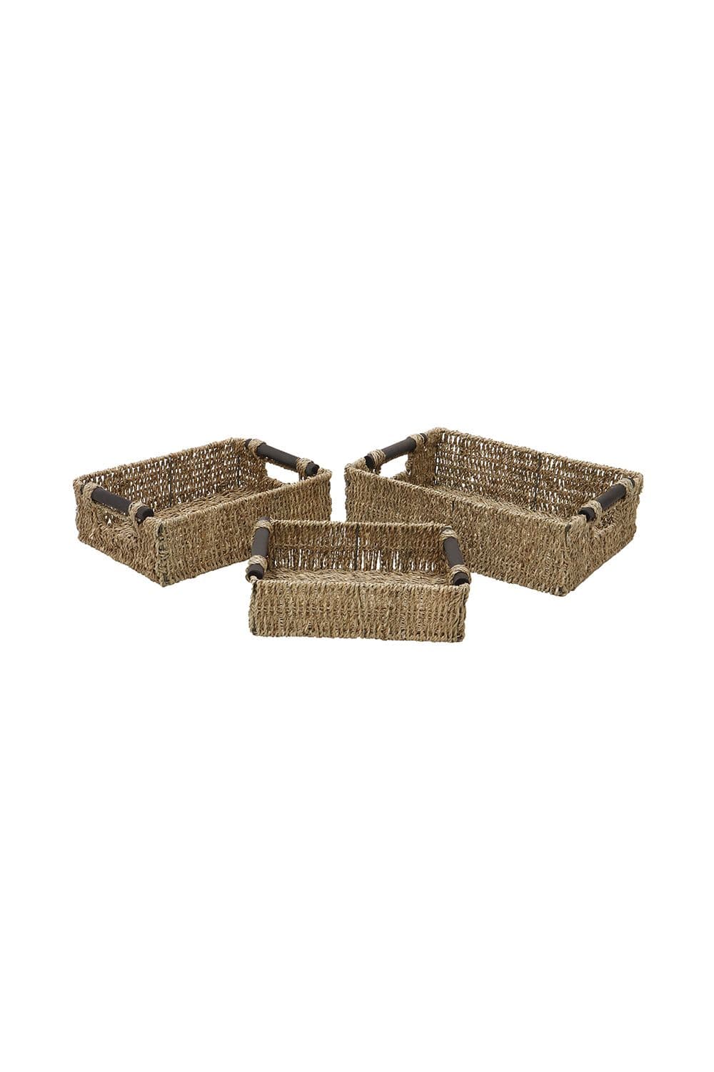 Seagrass Set 3 Rectangular Storage Baskets Wooden Handles