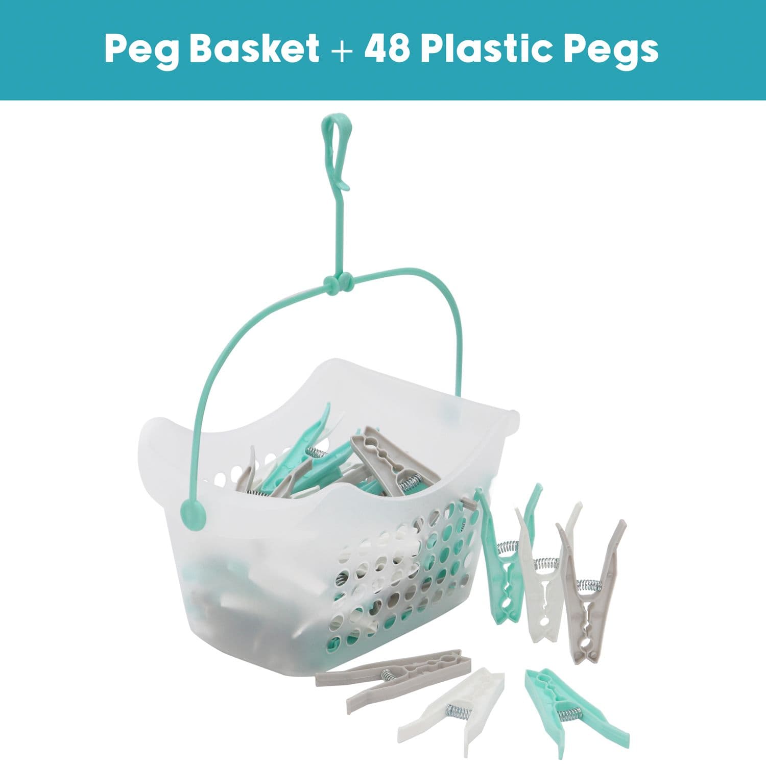 Plastic Peg Basket 48 Large Ultra Strong Plastic Pegs Aqua