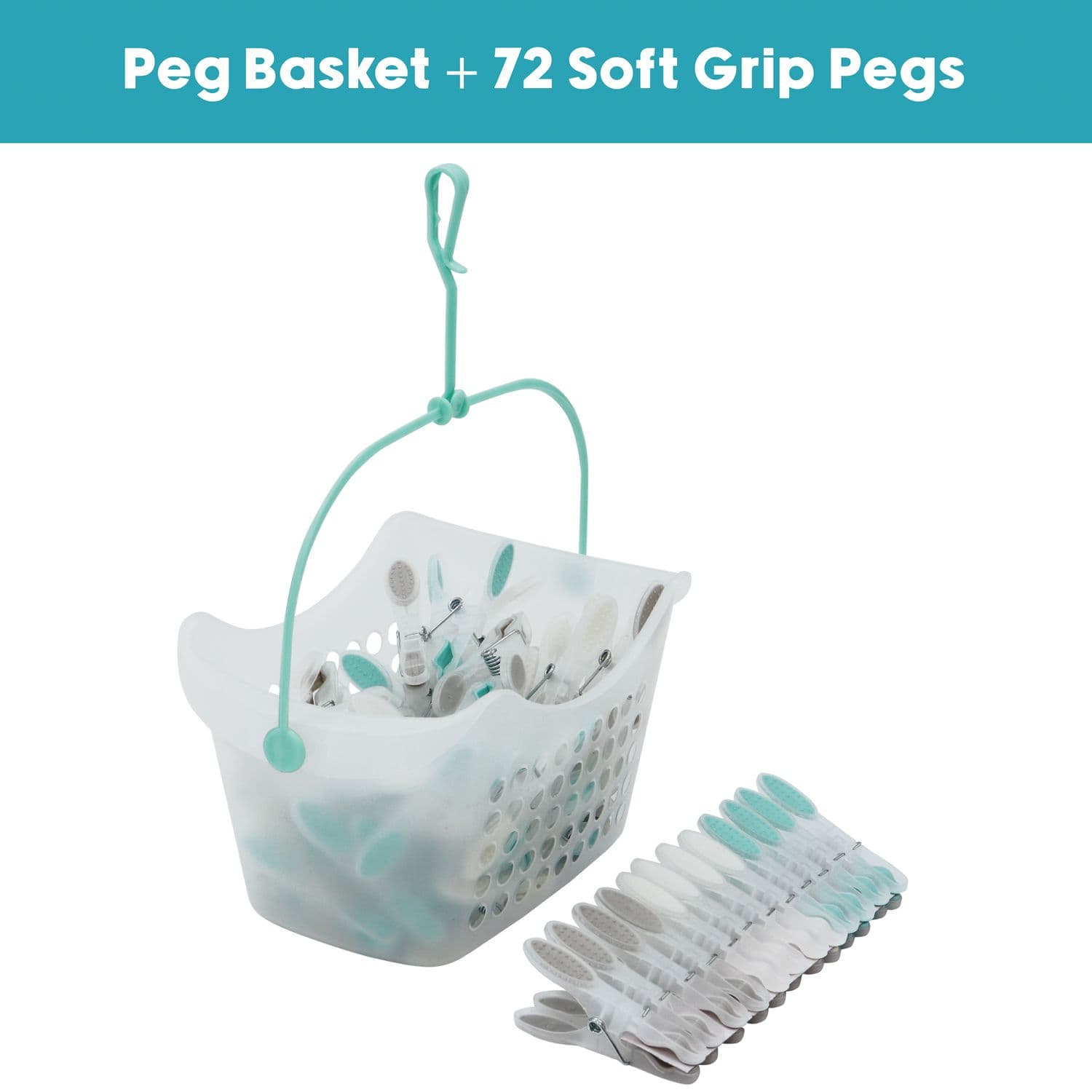 Plastic Peg Basket 72 Soft Grip Pegs Aqua