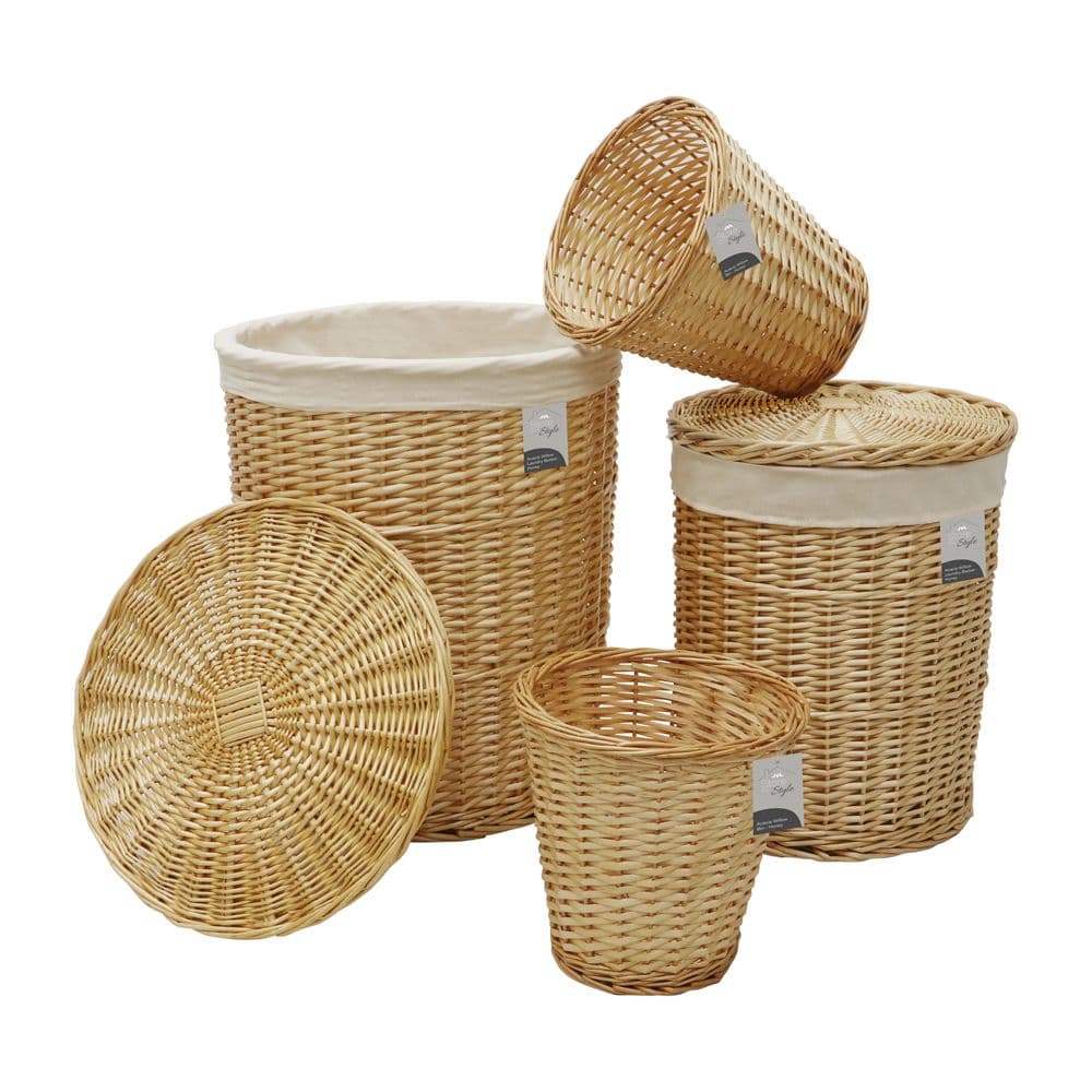 Hand Woven Acacia Set 2 Round Laundry Willow Baskets 2 Waste Paper Baskets