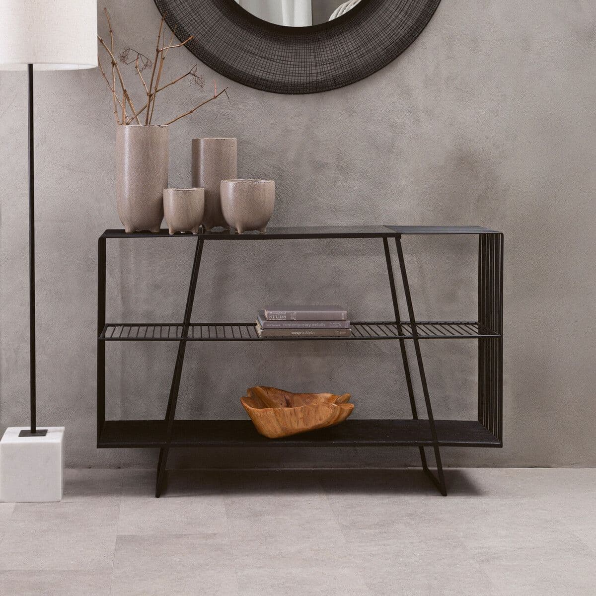 Modern Three Tier Grey Glass Top Console Table with Spacious Storage, Black Console Table For Living Room