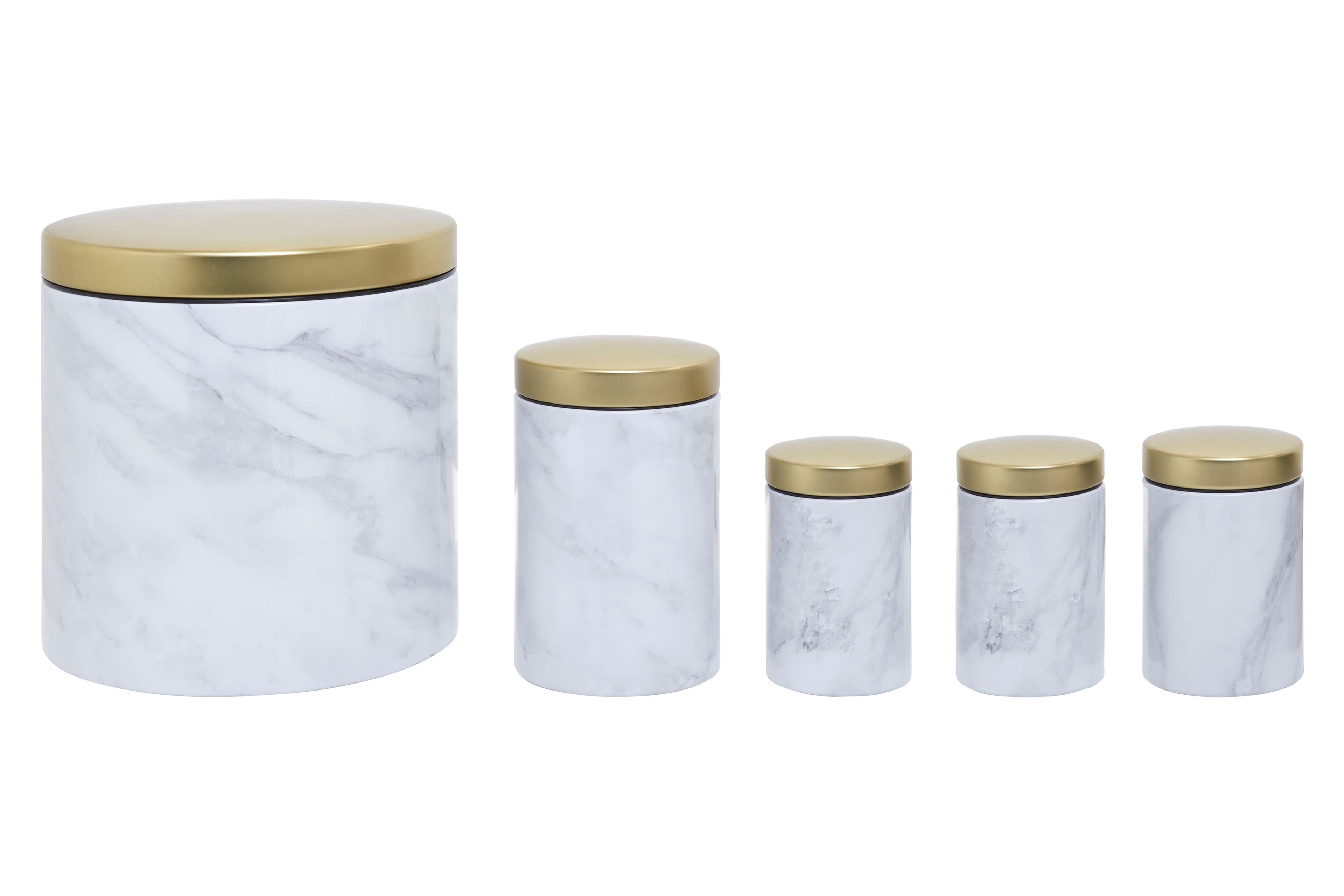 5Pc White Marble Effect Storage Set, Kitchen Storage Set, 5 Piece Kitchen Canister Set, Metal Canisters