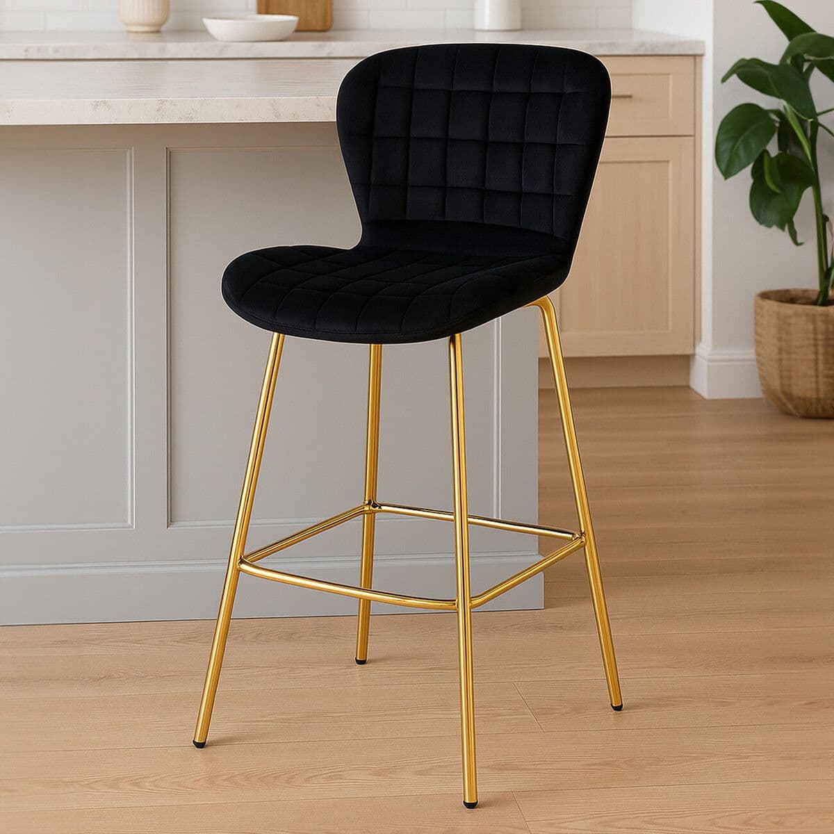 Black Velvet Stool, Luxury Bar Stool, Modern Black Velvet Bar Chair with Quilted Design and Gold Legs