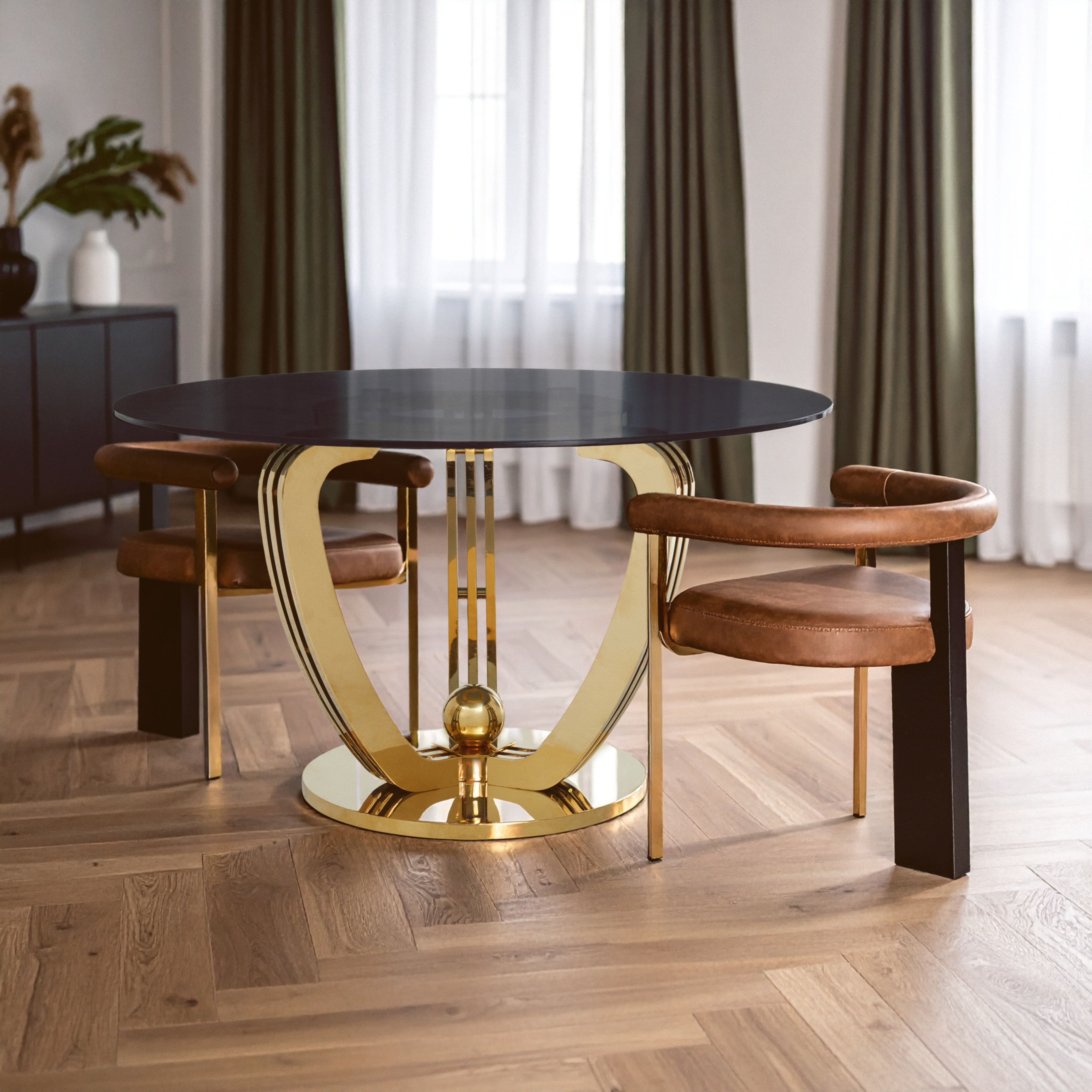 Grey Tempered Glass Dining Table, Brushed Gold Stainless Steel Frame, Modern Cross-Brace Design Dining Table