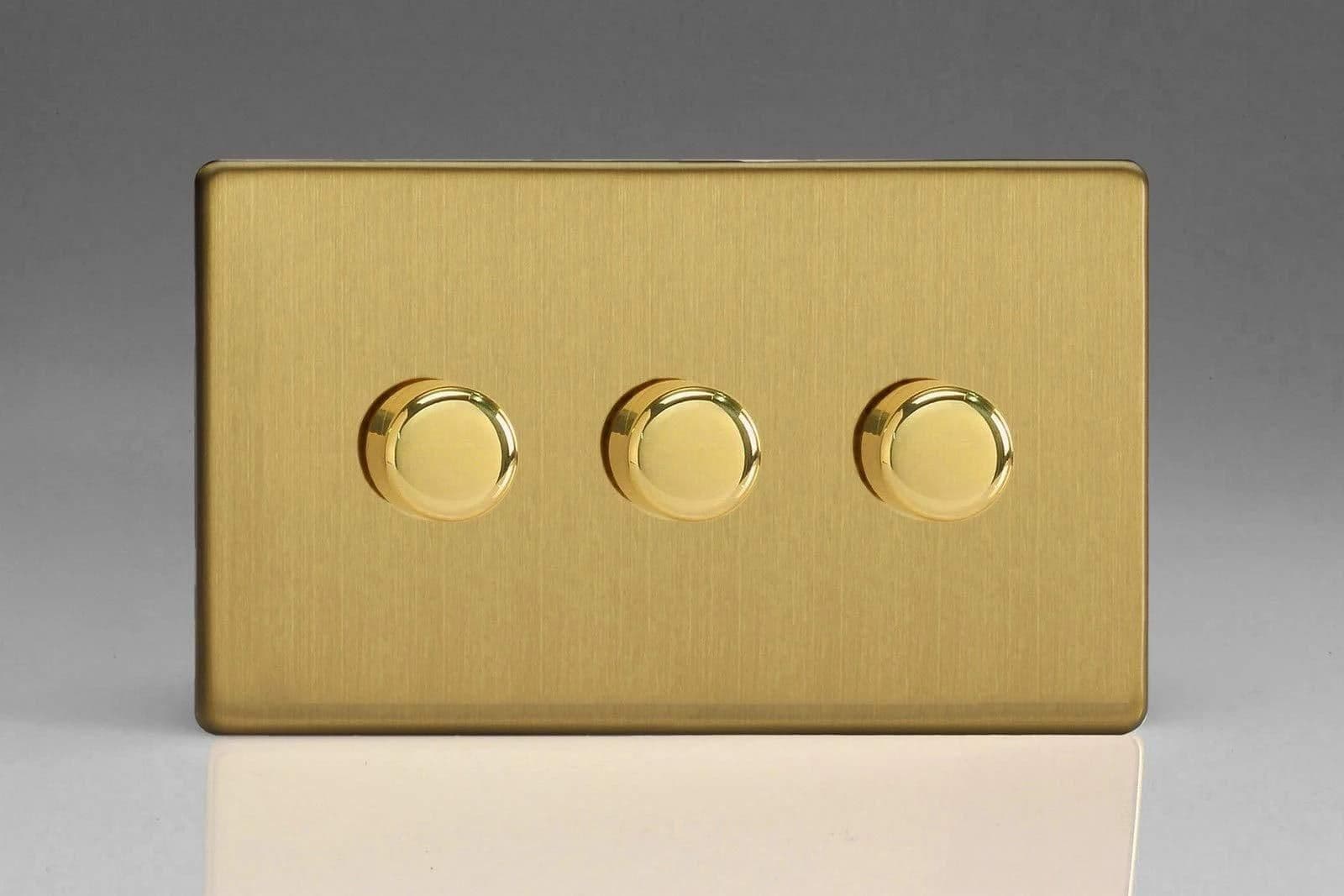 V Pro Screwless Brushed Brass 3 Gang LED Trailing Edge Dimmer Switch 1 or 2 Way