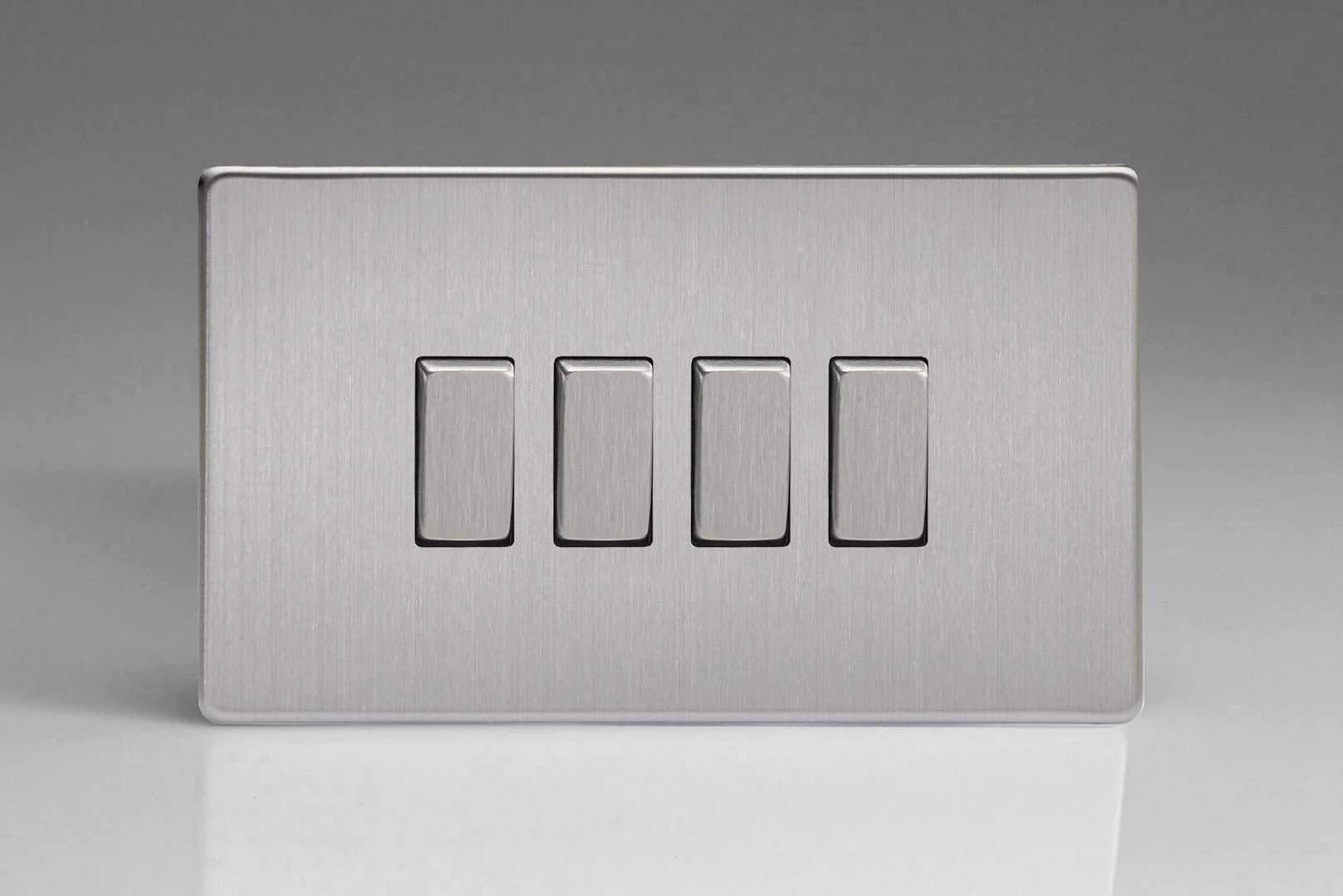 XDS9S Screwless Brushed Steel 4 Gang 1 Or 2 Way Rocker Switch 4 Gang 1 or 2 Way Rocker Switch