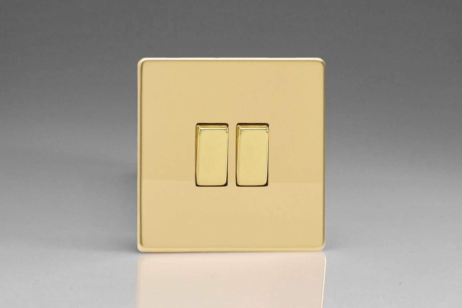 Flat Plate Screwless Polished Brass 2 Gang Light Switch XDV2S