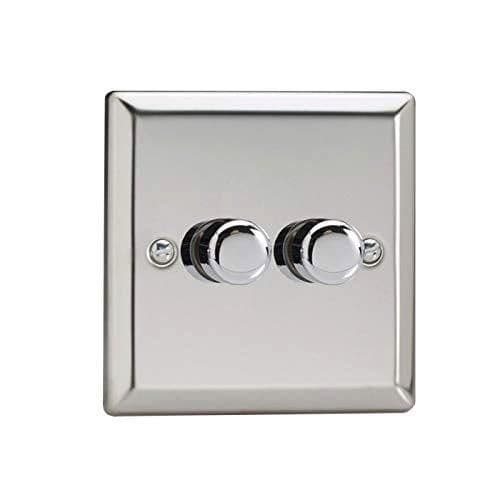 DIM 2C 2 C V Pro 2 Gang 2 Way Push On Off Rotary LED Dimmer 2 x 0 120W Mirror Chrome finish