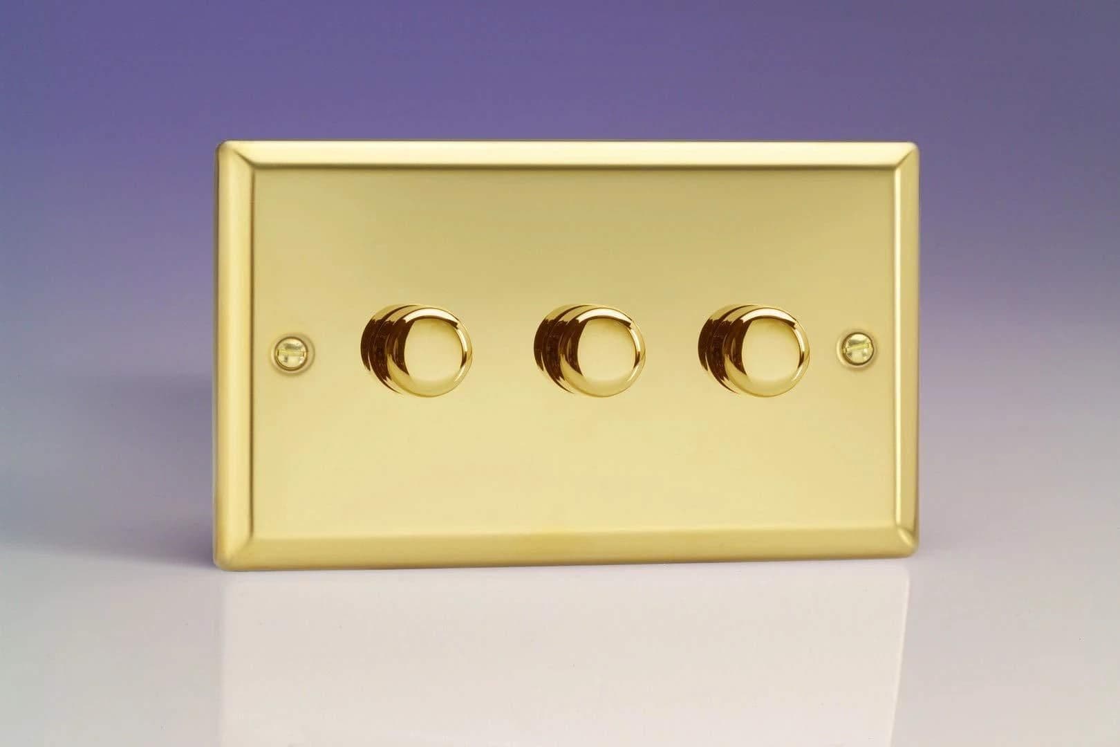 V Pro Victorian Brass 3 Gang LED Trailing Edge Dimmer Switch 1 or 2 Way
