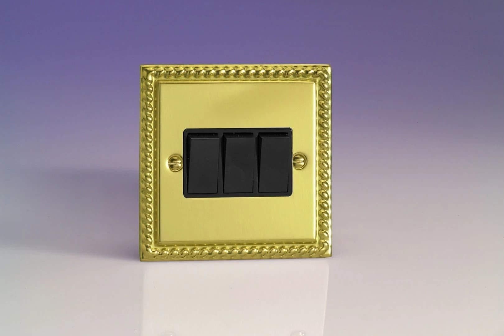 XG3B Rocker Switches Georgian Brass 3 Gang 95x95x25mm
