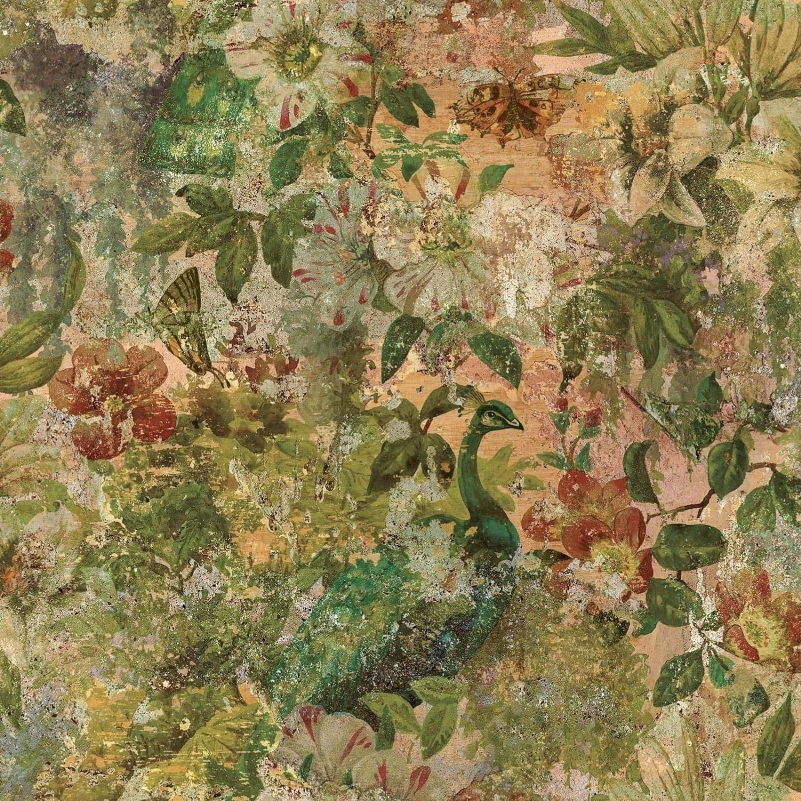 Distressed Vintage Peacock Exotic Bird Floral Forest Wallpaper