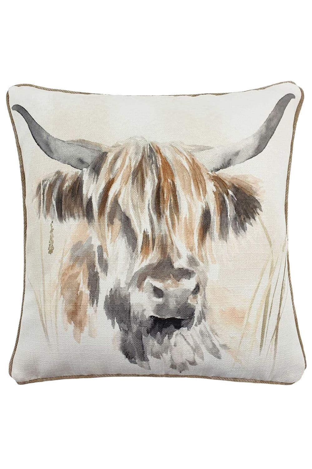 Watercolour Highland Cow Hand-Painted Piped Cushion
