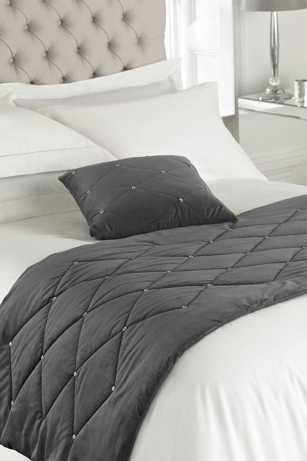 New Diamante Embellished Quilted Diamond Velvet Bed Runner